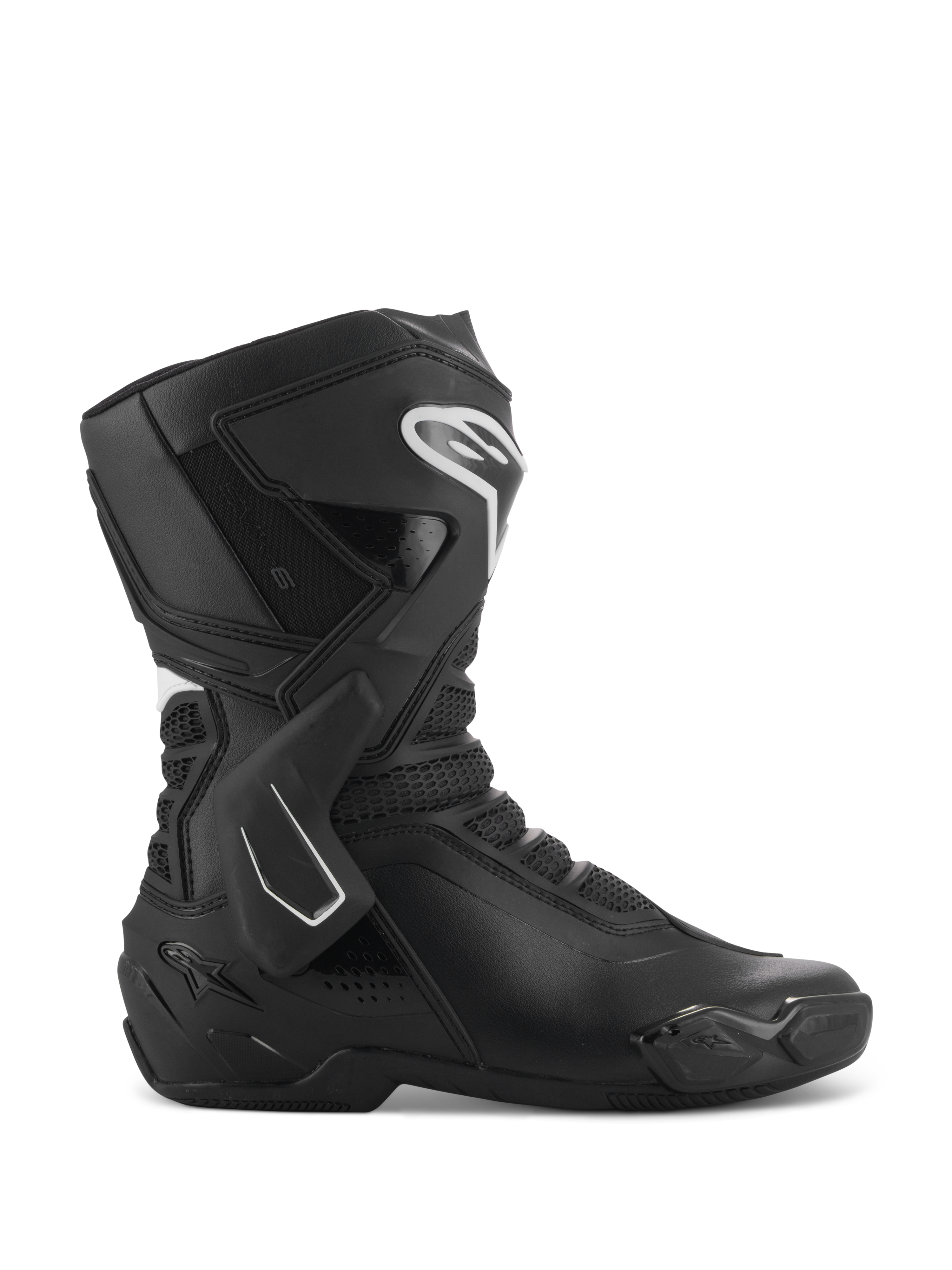 Stivali Alpinestars Stella SMX-6 V3, stivali moto racing da donna, nero e bianco, vista laterale con protezione caviglia in TPU e parastinchi, pannelli in mesh traspirante, logo Alpinestars bianco sul davanti, progettati per prestazioni in pista e su strada