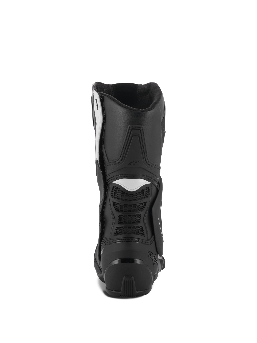 Stivali Alpinestars Stella SMX-6 V3, stivali da moto da donna, nero e bianco, vista posteriore con contrafforte in TPU e pannelli a fisarmonica flessibili, design durevole e performante