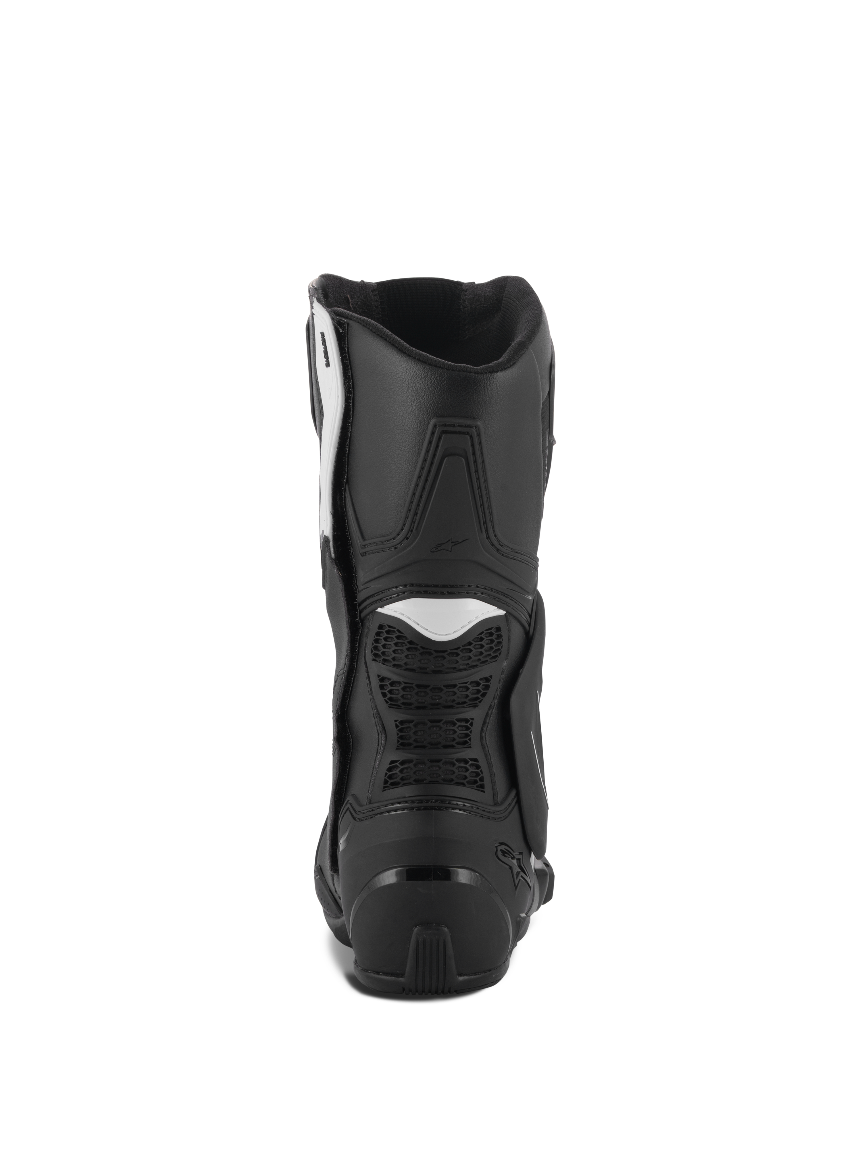 Stivali Alpinestars Stella SMX-6 V3, stivali da moto da donna, nero e bianco, vista posteriore con contrafforte in TPU e pannelli a fisarmonica flessibili, design durevole e performante