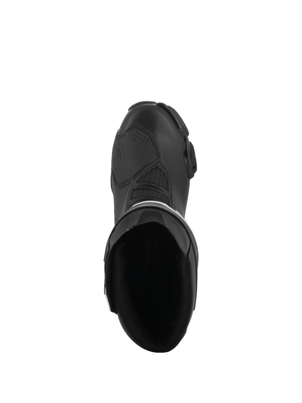 Stivali Alpinestars Stella SMX-6 V3, stivali da moto da donna ad alte prestazioni, nero, vista dall'alto che mostra l'apertura interna, zona del cambio rinforzata e design ergonomico aerodinamico.