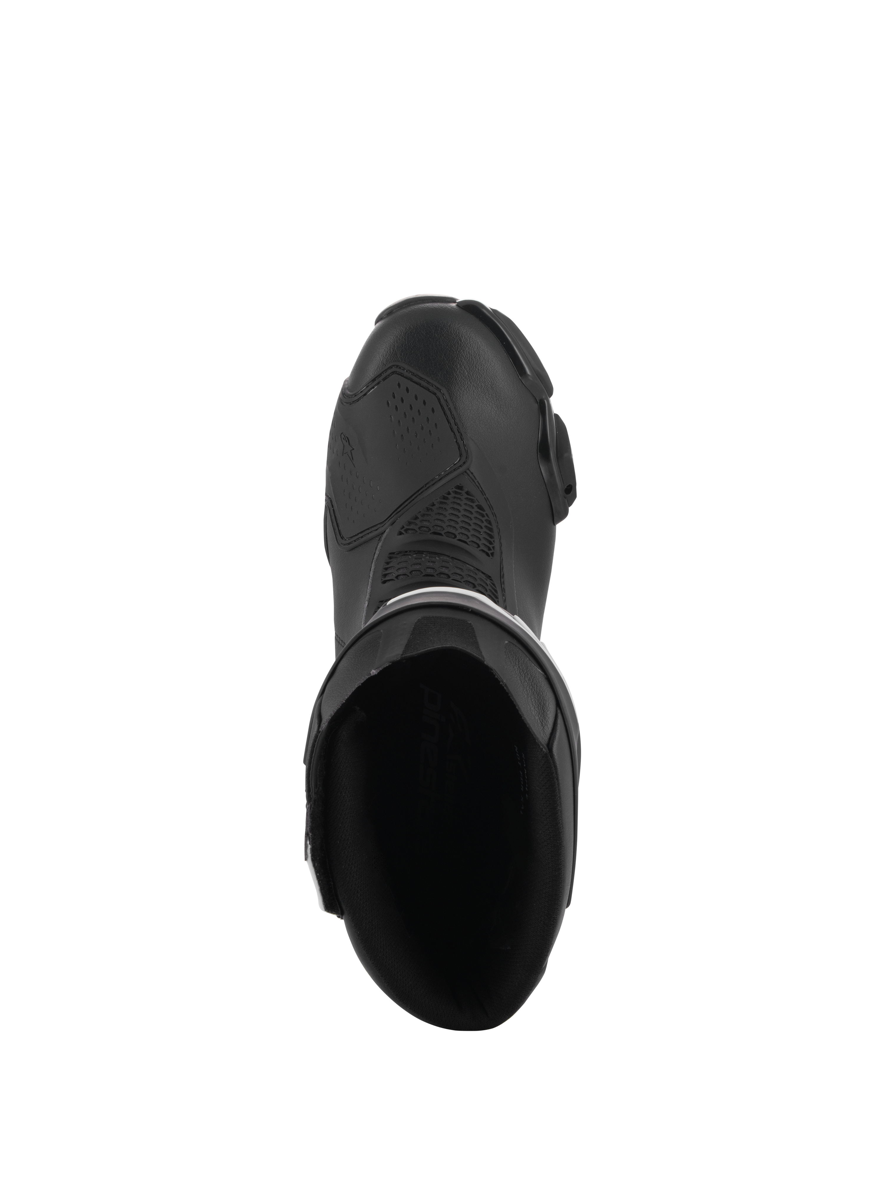 Stivali Alpinestars Stella SMX-6 V3, stivali da moto da donna ad alte prestazioni, nero, vista dall'alto che mostra l'apertura interna, zona del cambio rinforzata e design ergonomico aerodinamico.