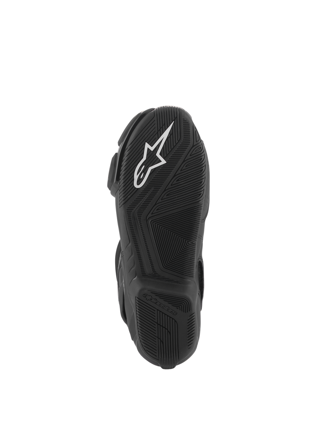 Stivali Alpinestars Stella SMX-6 V3, vista della suola, mescola di gomma leggera nera con grip testurizzato, logo Alpinestars bianco, progettati per prestazioni in pista e su strada