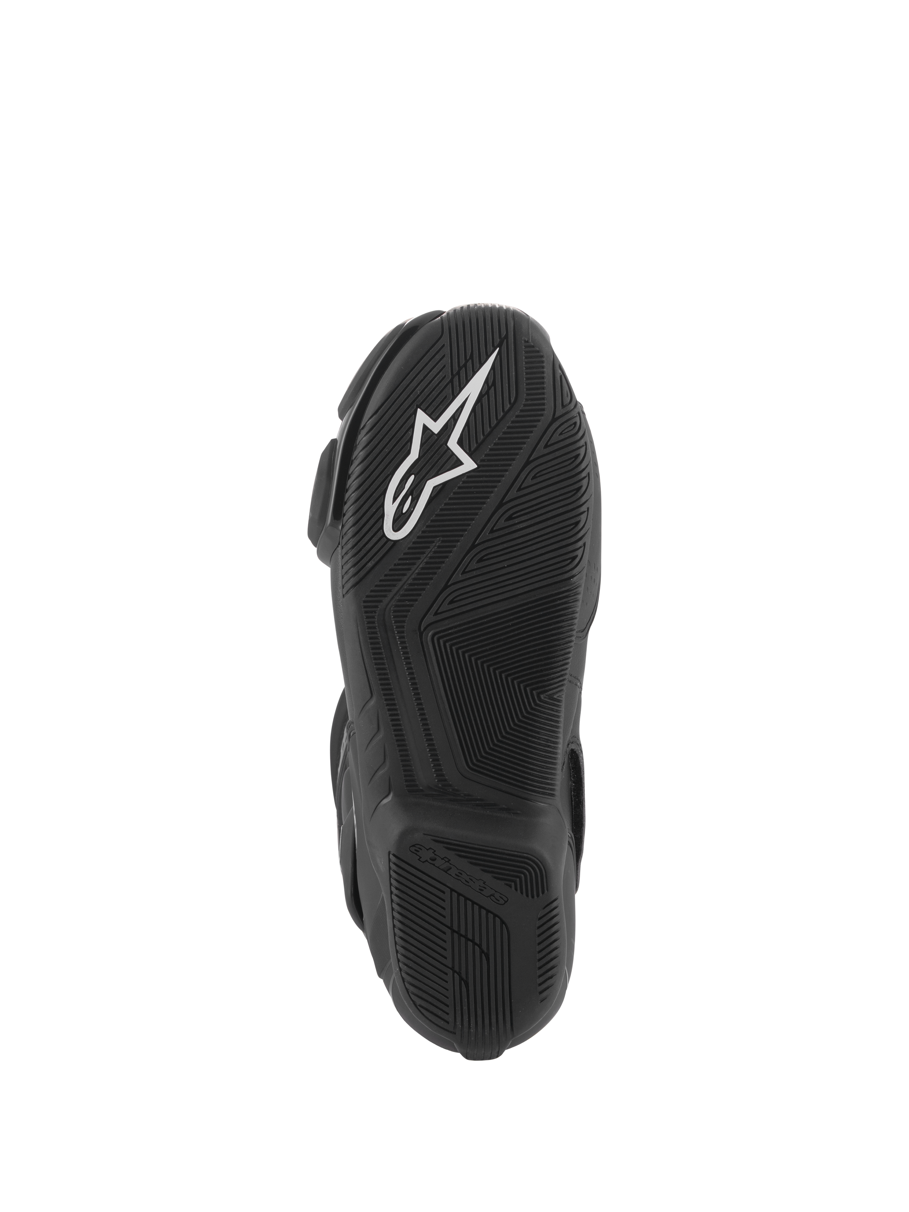 Stivali Alpinestars Stella SMX-6 V3, vista della suola, mescola di gomma leggera nera con grip testurizzato, logo Alpinestars bianco, progettati per prestazioni in pista e su strada