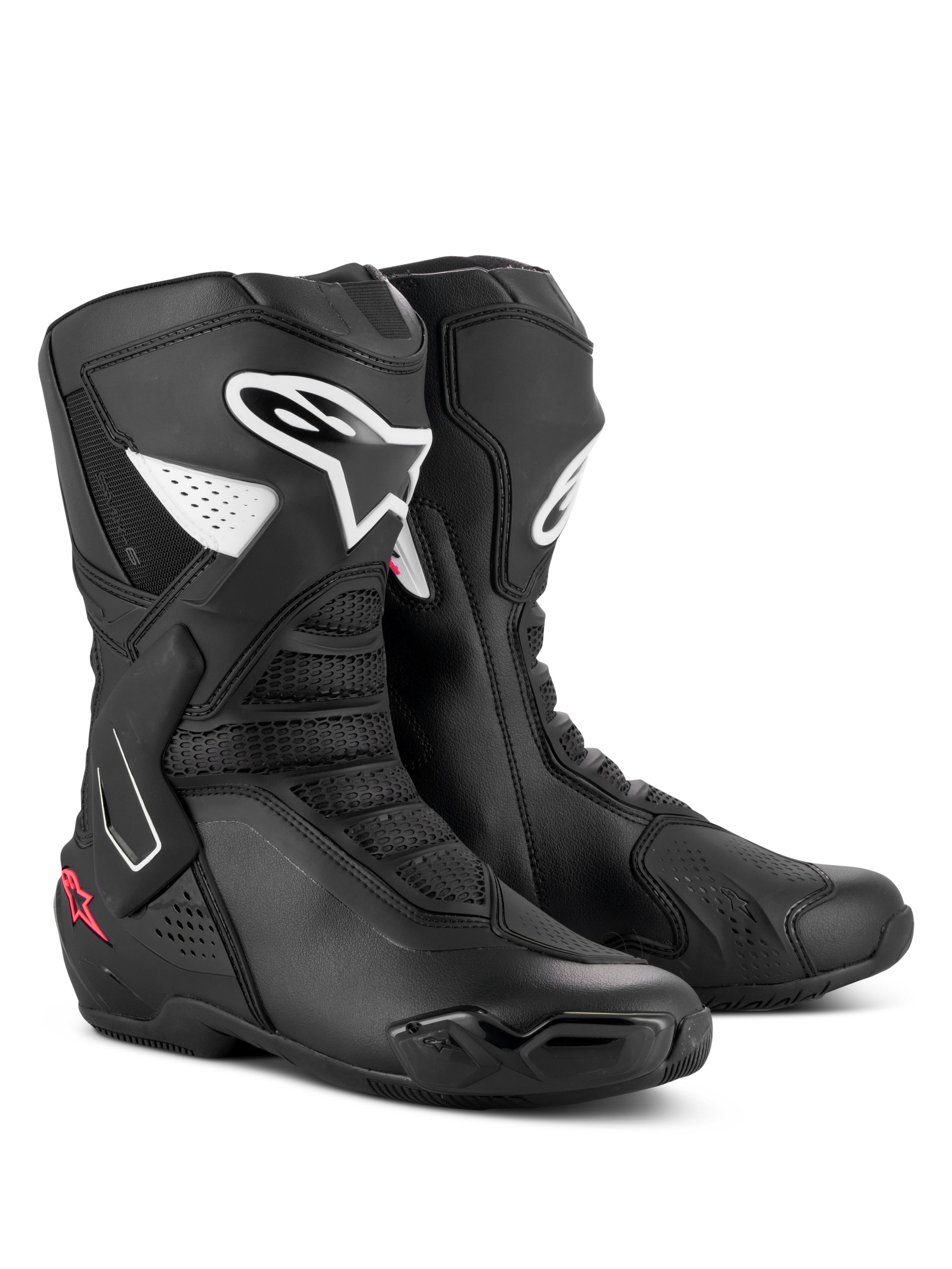 Stivali Alpinestars Stella SMX-6 V3, stivali da moto performanti da donna, nero, bianco e rosa diva, con loghi Alpinestars bianchi e dettagli a stella rosa, struttura in microfibra con protezioni in TPU per uso in pista e su strada