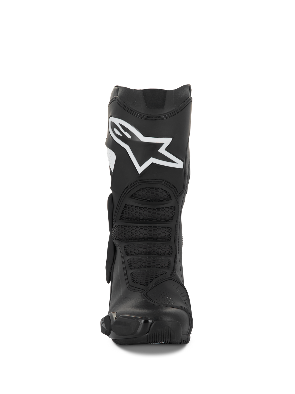 Stivali Alpinestars Stella SMX-6 V3, stivali da moto da donna, nero e bianco, vista frontale che mostra il logo Alpinestars bianco sullo stinco, protezioni in TPU e pannelli flessibili ergonomici, progettati per prestazioni in pista e su strada.