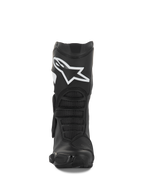 Stivali Alpinestars Stella SMX-6 V3, stivali da moto da donna, nero e bianco, vista frontale che mostra il logo Alpinestars bianco sullo stinco, protezioni in TPU e pannelli flessibili ergonomici, progettati per prestazioni in pista e su strada.