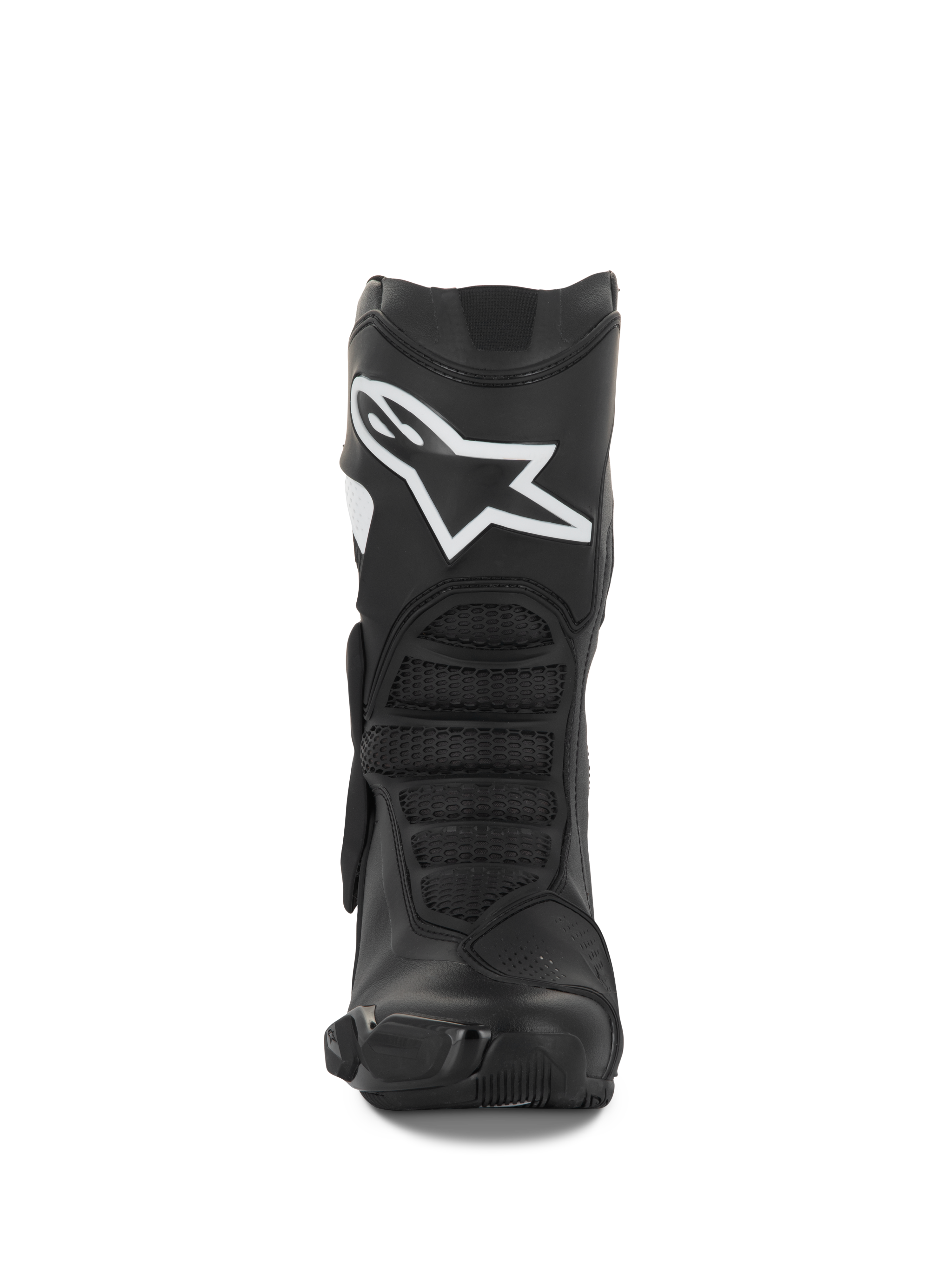 Stivali Alpinestars Stella SMX-6 V3, stivali da moto da donna, nero e bianco, vista frontale che mostra il logo Alpinestars bianco sullo stinco, protezioni in TPU e pannelli flessibili ergonomici, progettati per prestazioni in pista e su strada.