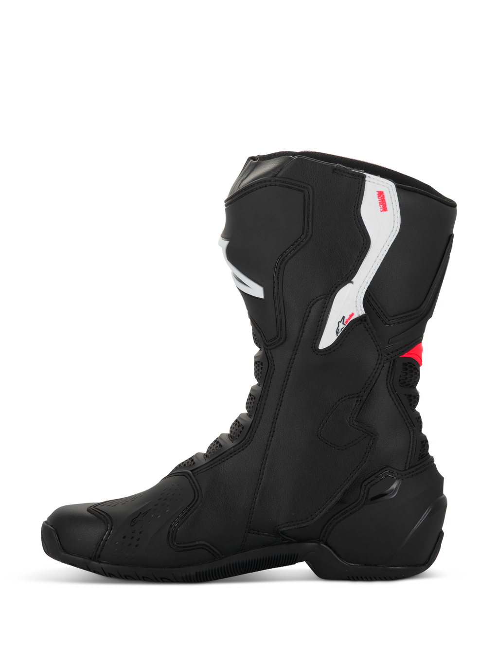 Stivali Alpinestars Stella SMX-6 V3, stivali da moto da donna, nero, bianco e rosa diva, vista laterale di profilo, costruzione in microfibra, protezioni in TPU su caviglia e stinco, design aerodinamico per uso in pista e su strada