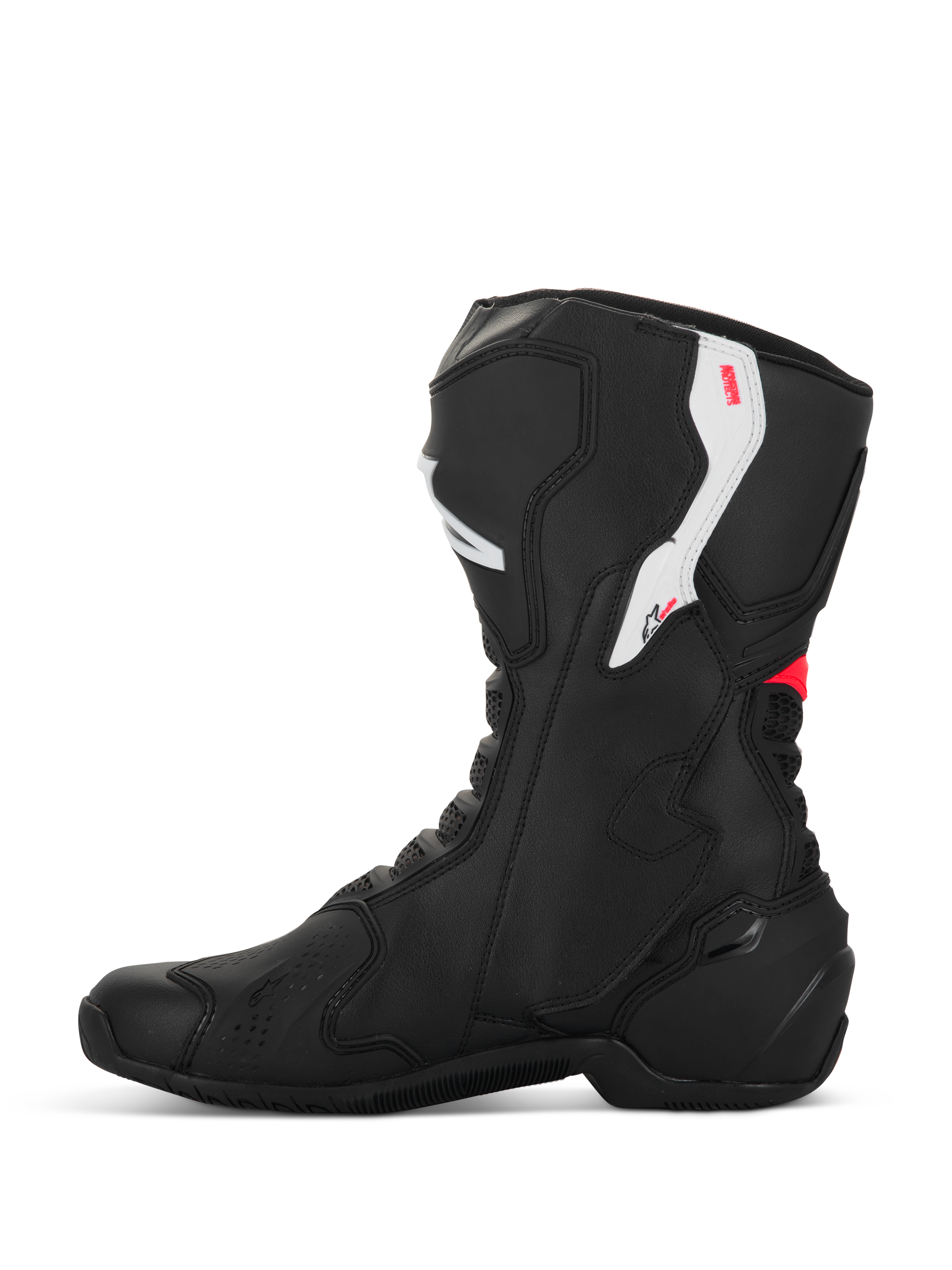 Stivali Alpinestars Stella SMX-6 V3, stivali da moto da donna, nero, bianco e rosa diva, vista laterale di profilo, costruzione in microfibra, protezioni in TPU su caviglia e stinco, design aerodinamico per uso in pista e su strada