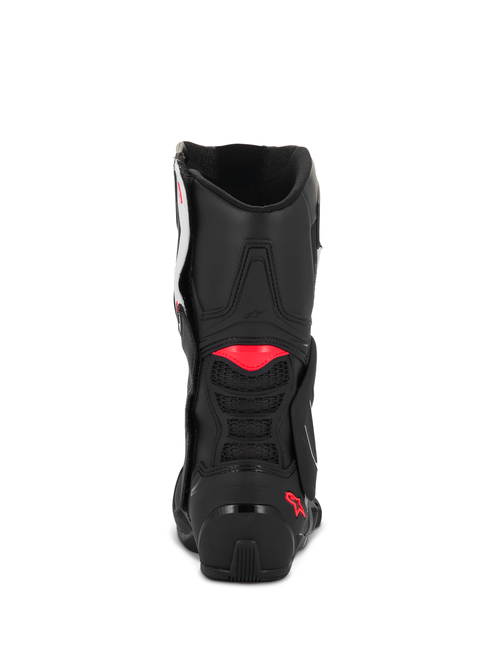 Stivali Alpinestars Stella SMX-6 V3, Nero Bianco Diva Pink, vista posteriore con costruzione in microfibra nera, dettagli in TPU rosa su polpaccio e tallone, e ventilazione in mesh integrata per prestazioni di guida sportiva
