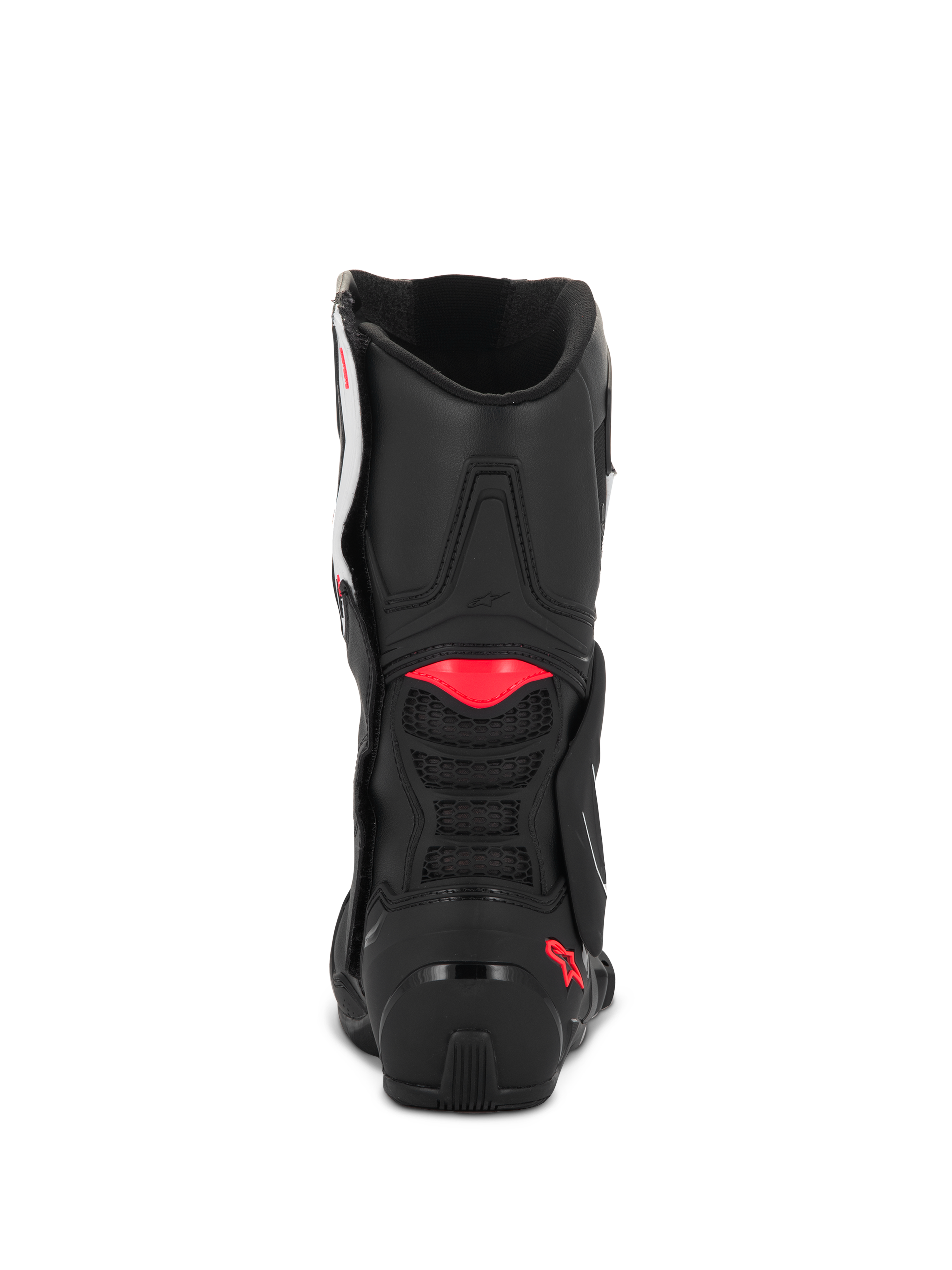 Stivali Alpinestars Stella SMX-6 V3, Nero Bianco Diva Pink, vista posteriore con costruzione in microfibra nera, dettagli in TPU rosa su polpaccio e tallone, e ventilazione in mesh integrata per prestazioni di guida sportiva