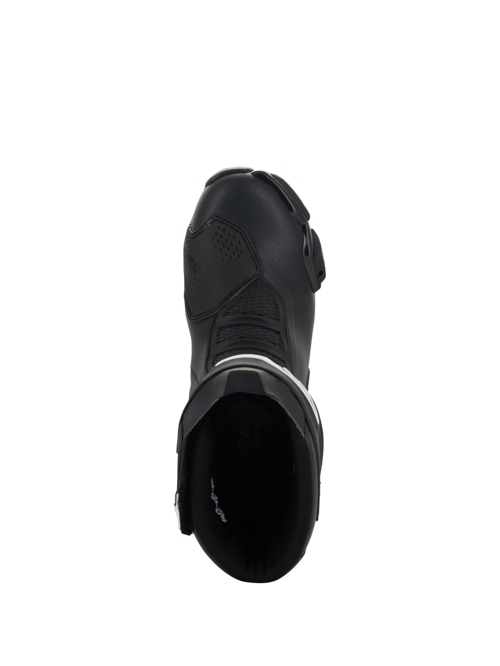 Stivali Alpinestars Stella SMX-6 V3, stivali da moto da donna racing e sportivi, nero e bianco, vista dall'alto che mostra l'apertura d'ingresso e il puntale aerodinamico, robusta struttura in microfibra.