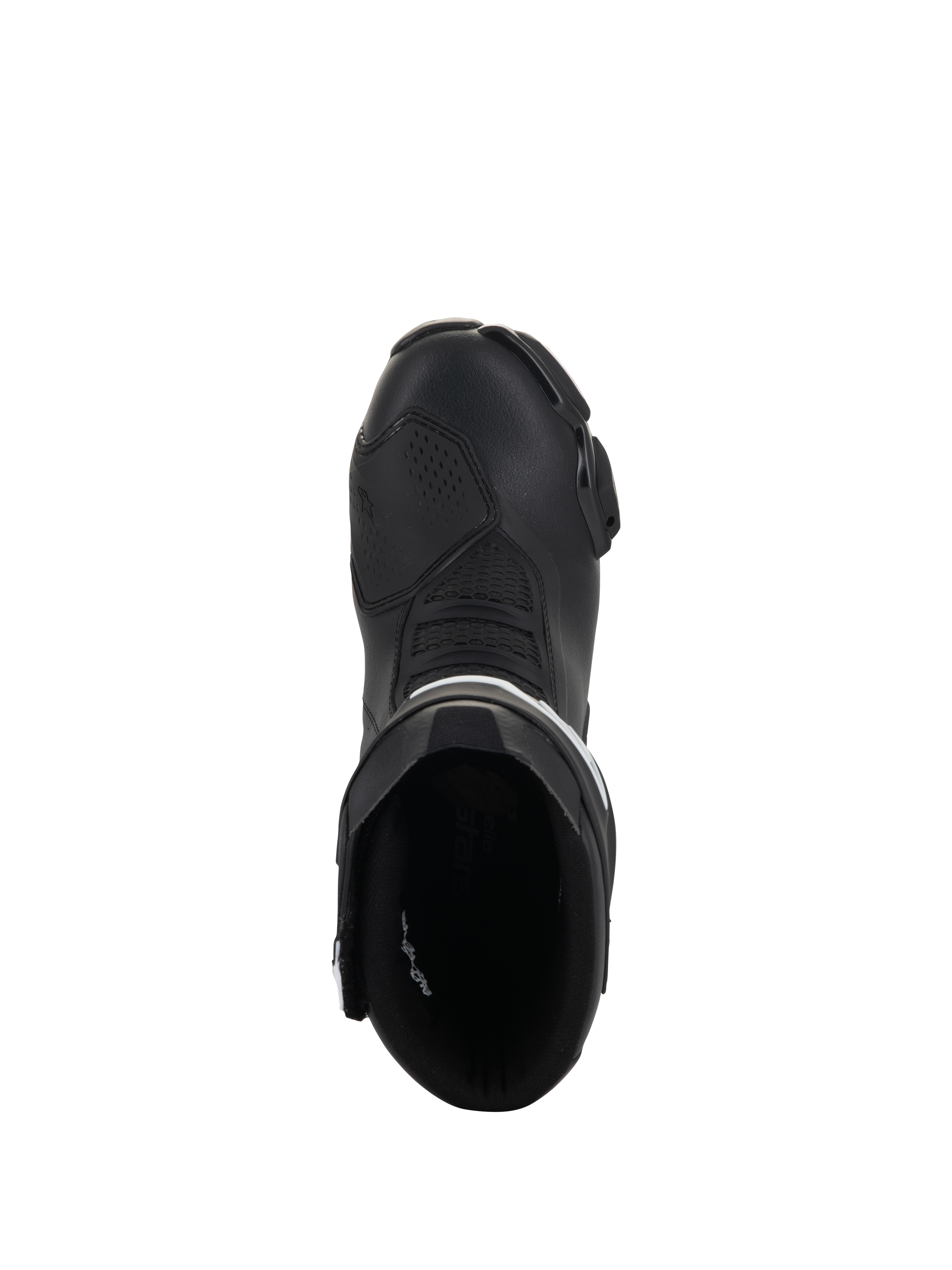 Stivali Alpinestars Stella SMX-6 V3, stivali da moto da donna racing e sportivi, nero e bianco, vista dall'alto che mostra l'apertura d'ingresso e il puntale aerodinamico, robusta struttura in microfibra.