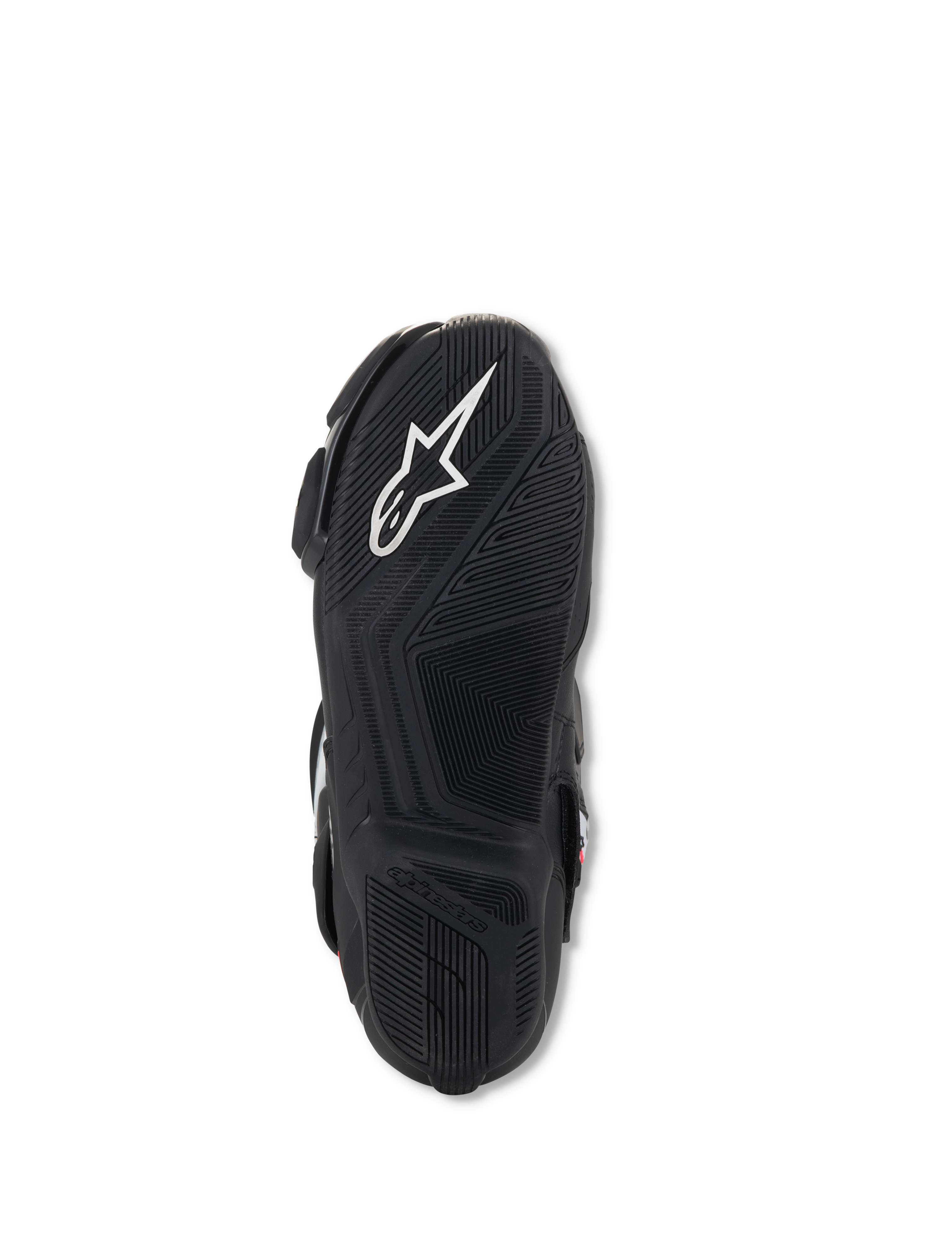 Stivali Alpinestars Stella SMX-6 V3, vista della suola, gomma leggera nera con motivi grip testurizzati, logo Alpinestars bianco e marchio in rilievo per trazione e controllo sui pedali