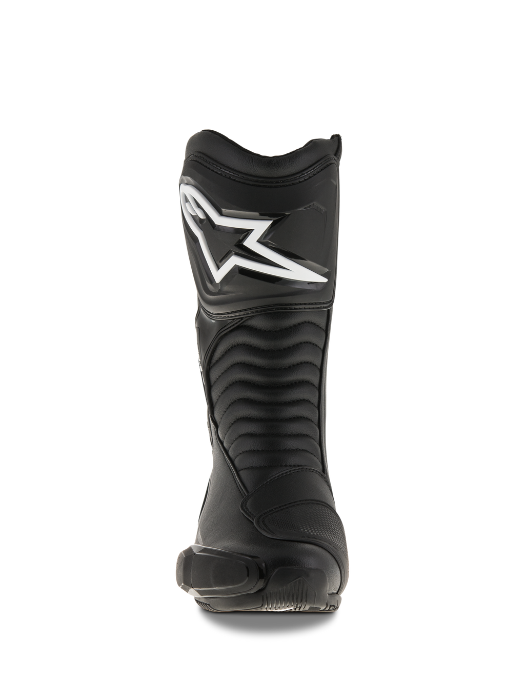 Stivali Alpinestars SMX S, stivali da moto neri, vista frontale che mostra il grande logo Alpinestars bianco sulla placca parastinchi, pannelli flessibili a fisarmonica e robusta costruzione in microfibra con protezioni in PU