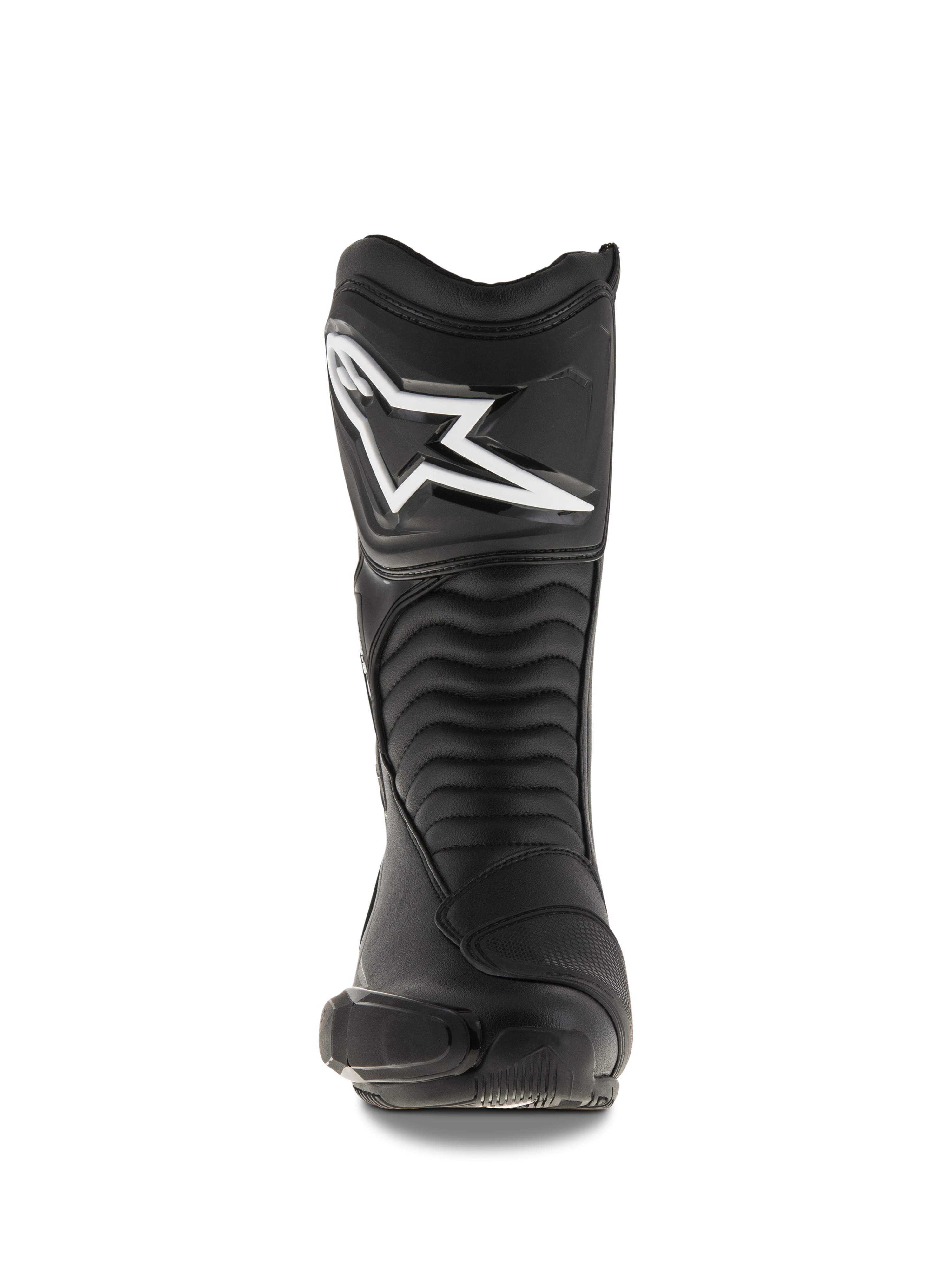 Stivali Alpinestars SMX S, stivali da moto neri, vista frontale che mostra il grande logo Alpinestars bianco sulla placca parastinchi, pannelli flessibili a fisarmonica e robusta costruzione in microfibra con protezioni in PU