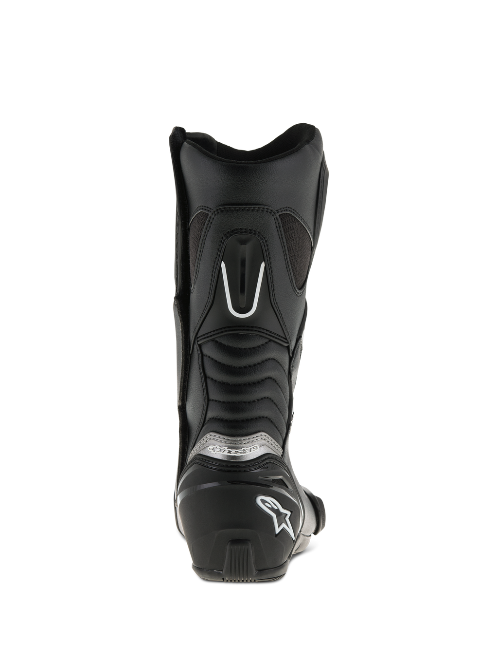 Stivali Alpinestars SMX S, nero, vista posteriore, con contrafforte del tallone rinforzato e logo bianco, marchio argento e pannelli a soffietto per maggiore mobilità e protezione