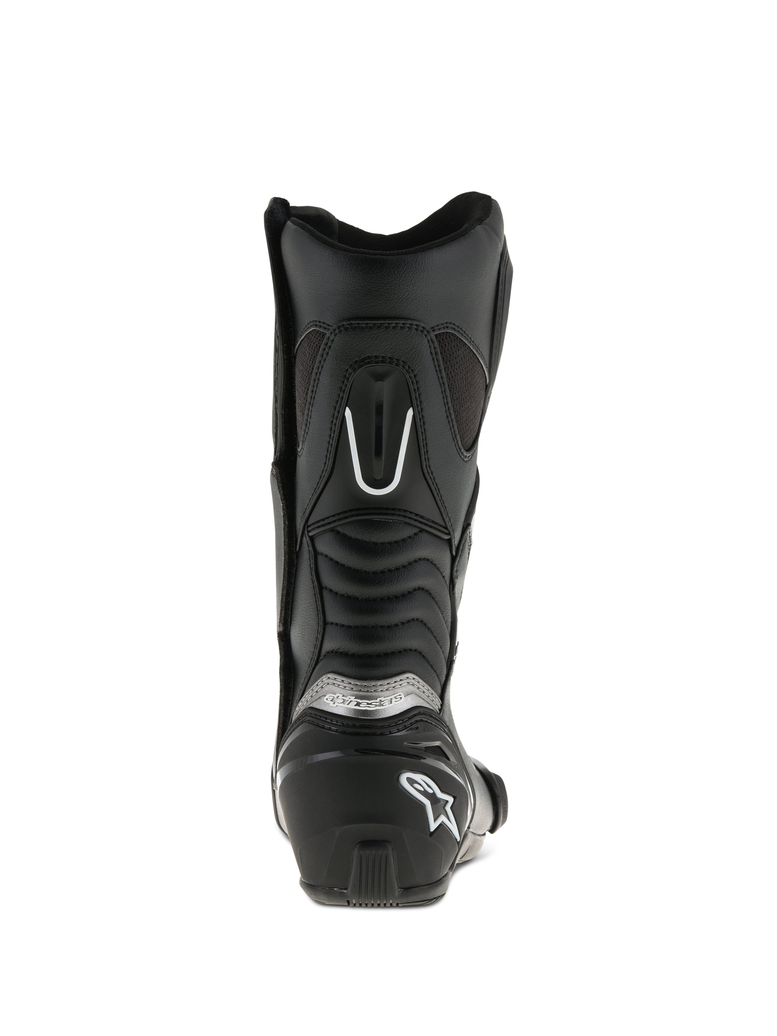 Stivali Alpinestars SMX S, nero, vista posteriore, con contrafforte del tallone rinforzato e logo bianco, marchio argento e pannelli a soffietto per maggiore mobilità e protezione