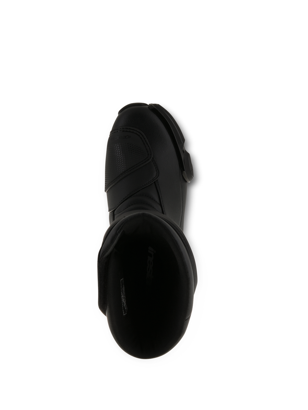 Stivali Alpinestars SMX S, stivali da moto neri, vista dall'alto dell'apertura interna, costruzione integrale in microfibra nera con zona cambio rinforzata e design ergonomico protettivo