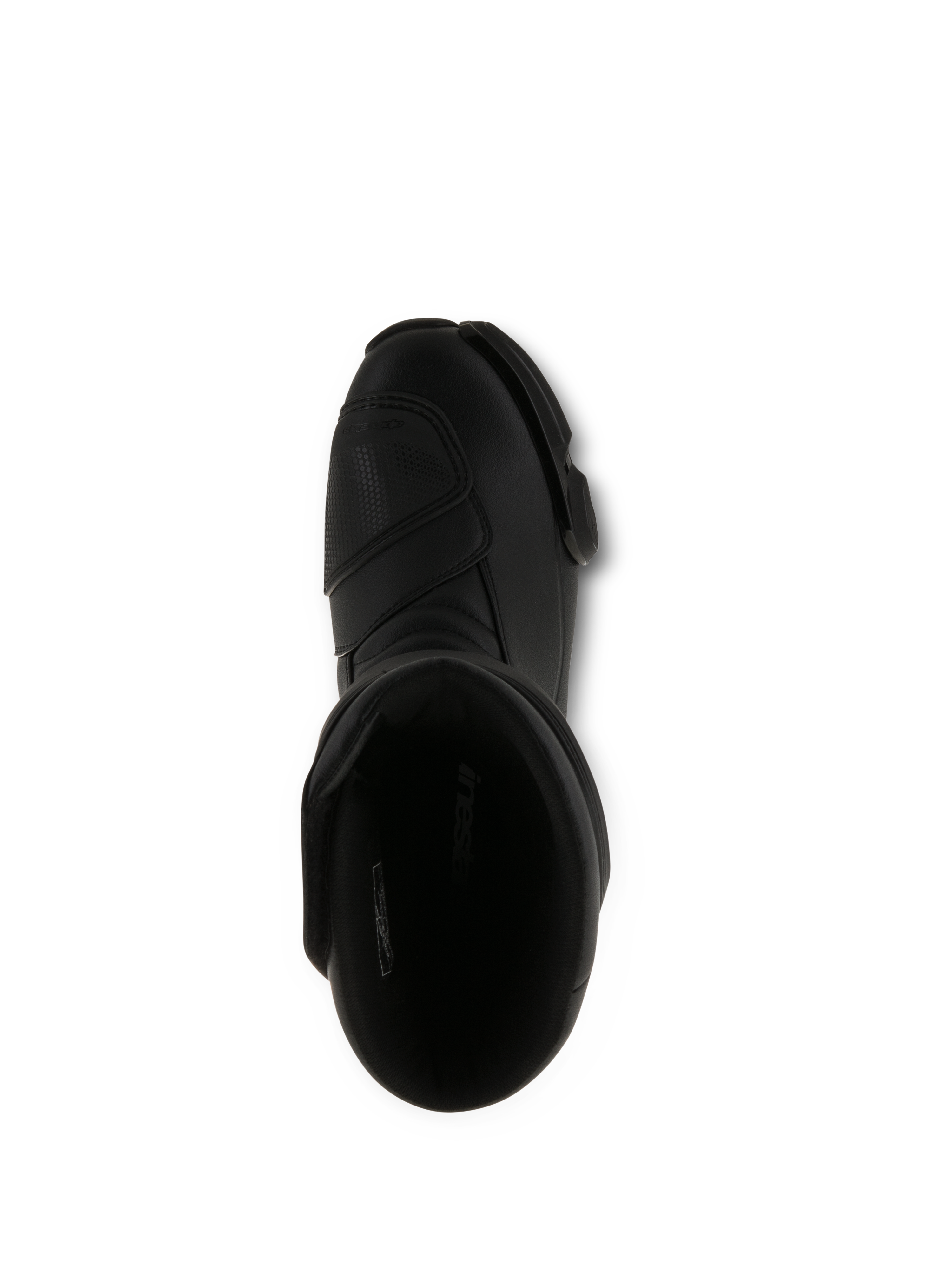 Stivali Alpinestars SMX S, stivali da moto neri, vista dall'alto dell'apertura interna, costruzione integrale in microfibra nera con zona cambio rinforzata e design ergonomico protettivo
