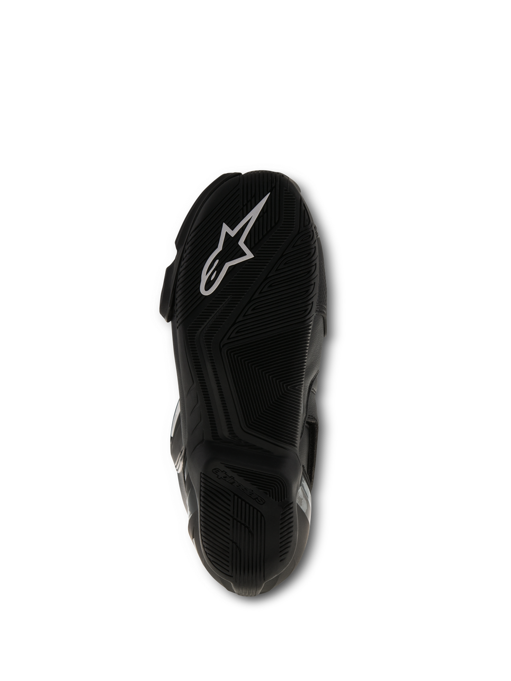 Stivali Alpinestars SMX S, nero, vista della suola che mostra la mescola di gomma testurizzata e il logo Alpinestars bianco, calzatura tecnica da corsa per moto