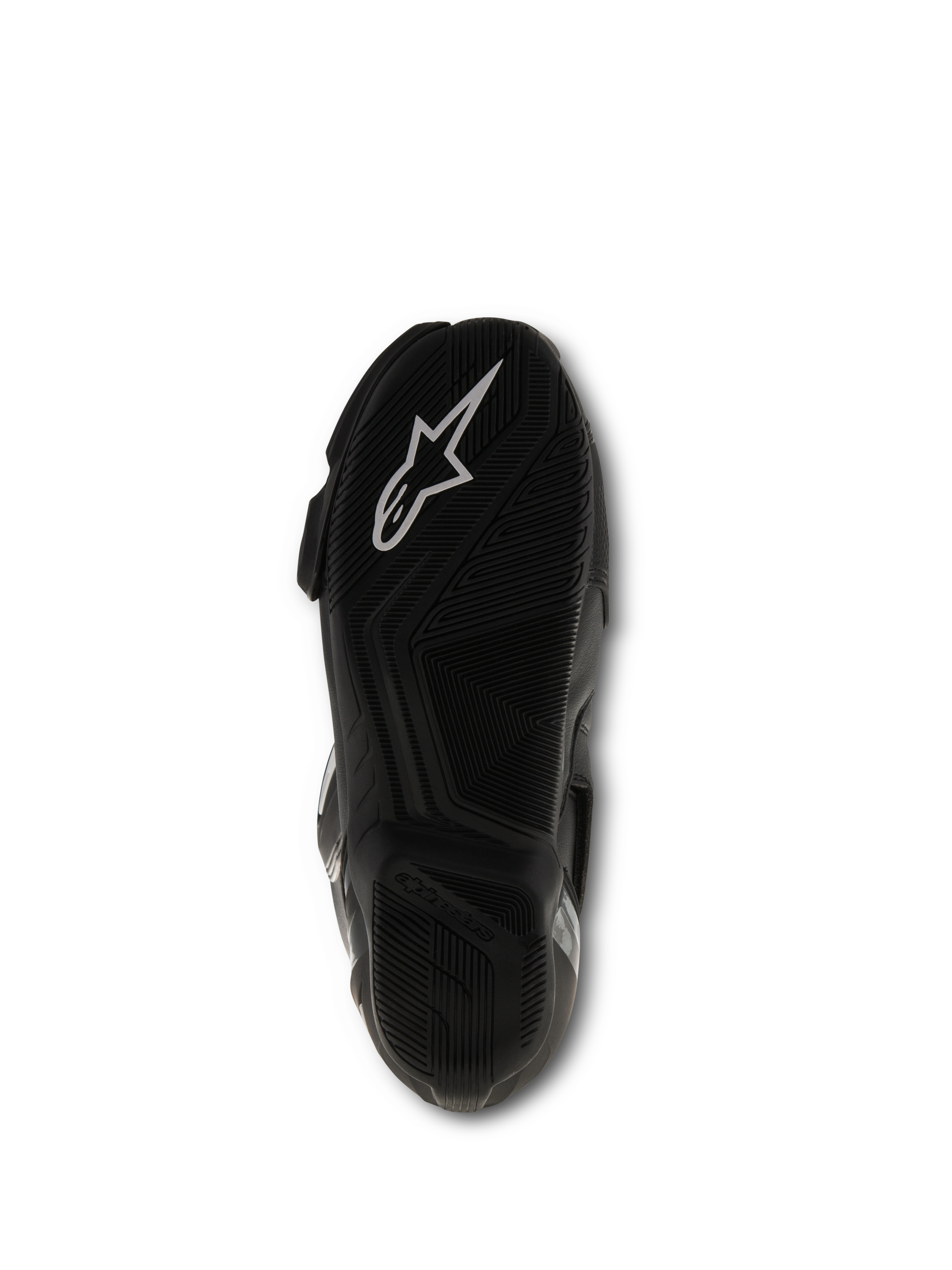 Stivali Alpinestars SMX S, nero, vista della suola che mostra la mescola di gomma testurizzata e il logo Alpinestars bianco, calzatura tecnica da corsa per moto