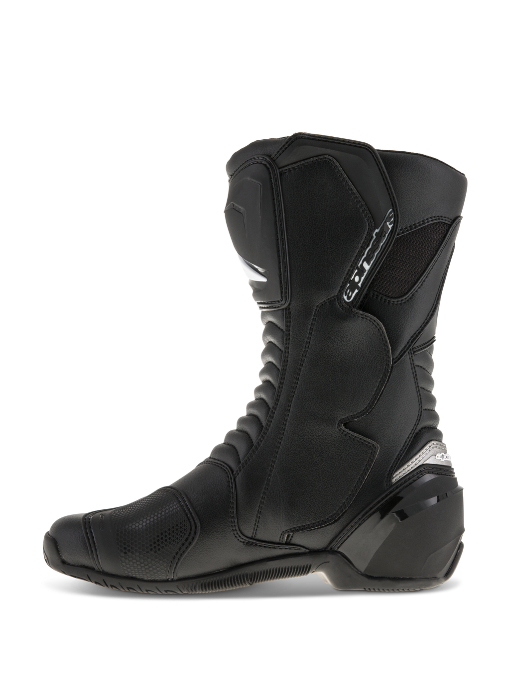 Stivali Alpinestars SMX S, stivali da moto, nero su nero, vista laterale, con tomaia in resistente microfibra, protezioni in PU per stinco e tallone, design ergonomico per guida sportiva e stradale