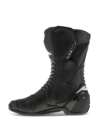 Stivali Alpinestars SMX S, stivali da moto, nero su nero, vista laterale, con tomaia in resistente microfibra, protezioni in PU per stinco e tallone, design ergonomico per guida sportiva e stradale