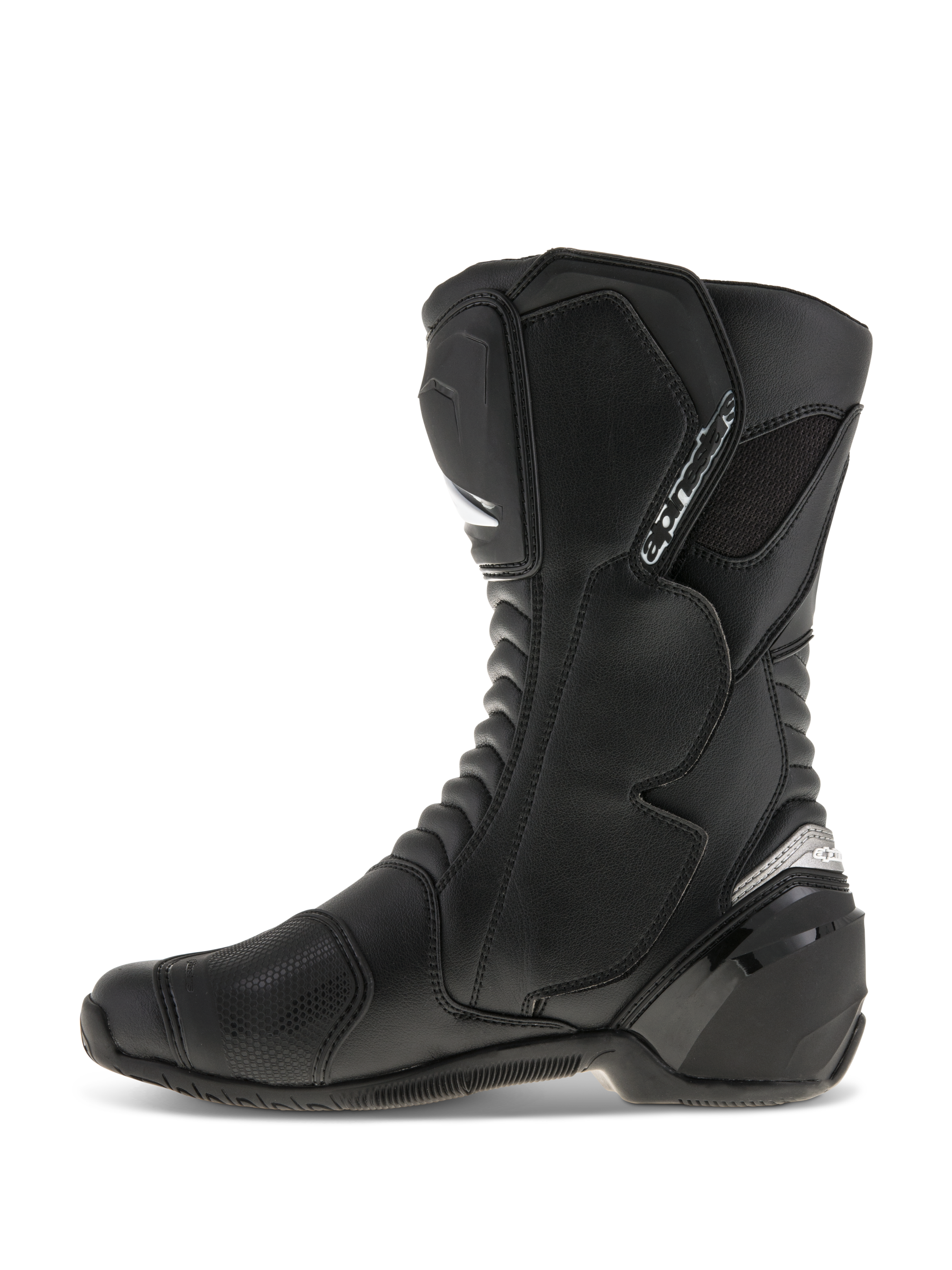 Stivali Alpinestars SMX S, stivali da moto, nero su nero, vista laterale, con tomaia in resistente microfibra, protezioni in PU per stinco e tallone, design ergonomico per guida sportiva e stradale