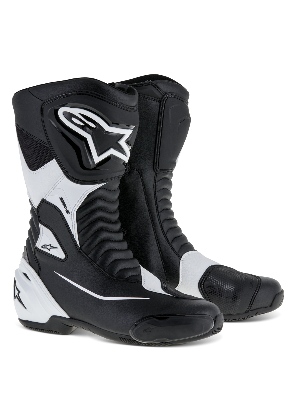 Alpinestars stivali SMX S, stivali da moto sportivi, nero e bianco, con robusta tomaia in microfibra, protezioni in PU su stinco e tallone, pannelli a soffietto e logo Alpinestars in evidenza, calzature tecniche per guida su strada