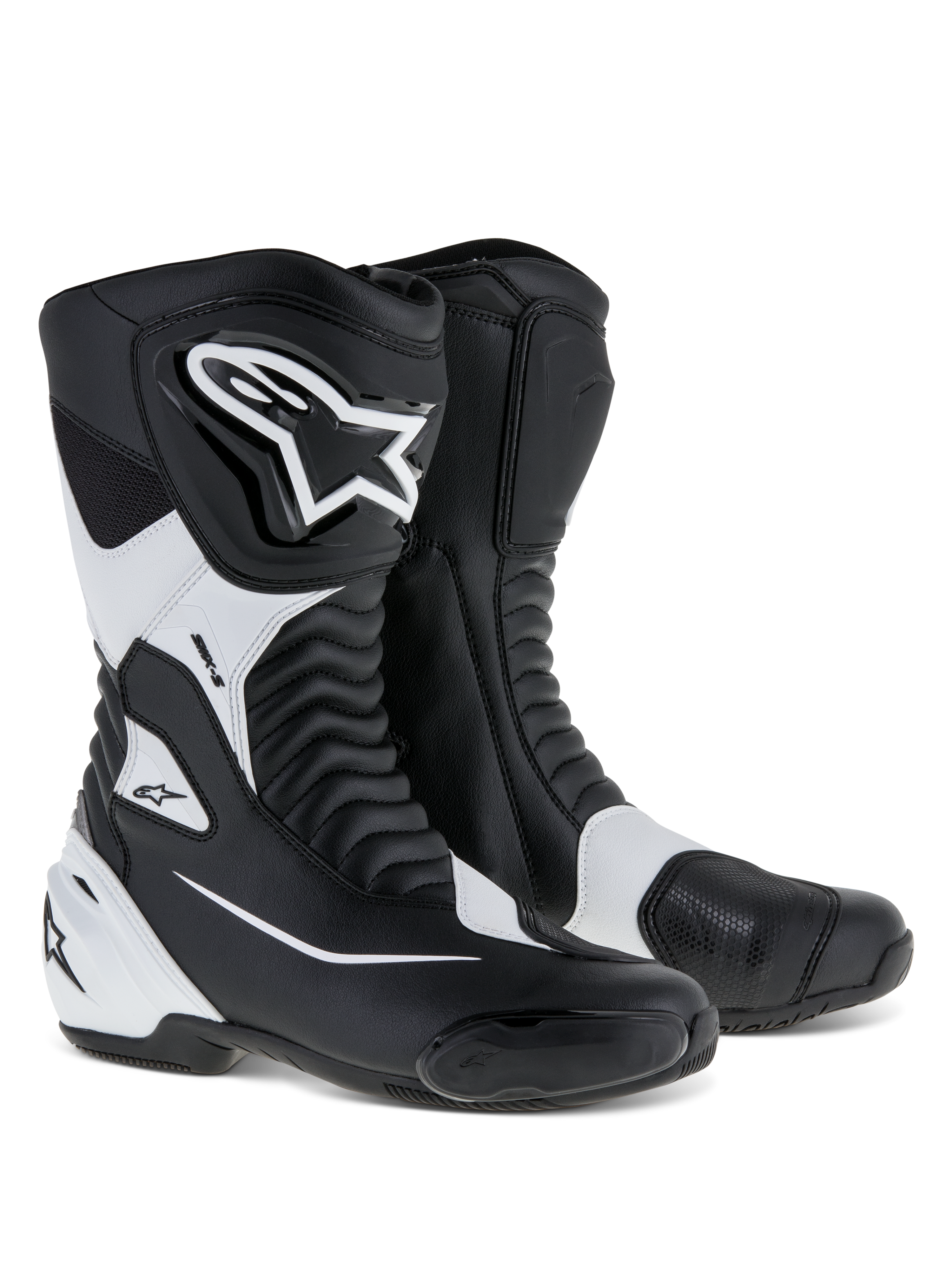 Alpinestars stivali SMX S, stivali da moto sportivi, nero e bianco, con robusta tomaia in microfibra, protezioni in PU su stinco e tallone, pannelli a soffietto e logo Alpinestars in evidenza, calzature tecniche per guida su strada