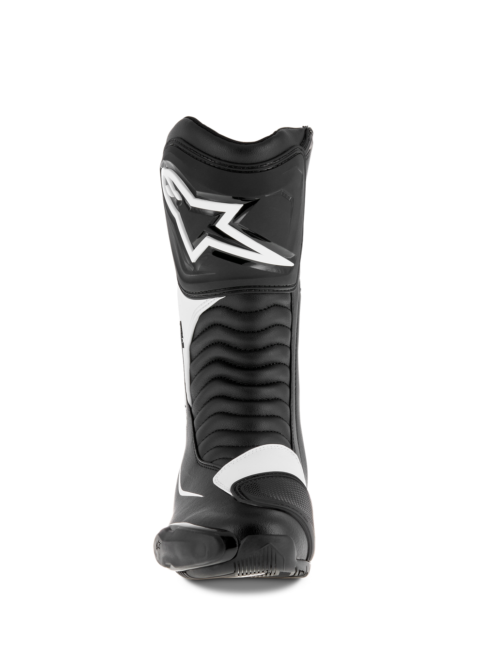 Stivali Alpinestars SMX S, stivali da moto, nero e bianco, vista frontale con un grande logo Alpinestars bianco sullo stinco, pannelli flessibili a fisarmonica e robusta costruzione in microfibra con protezioni in PU