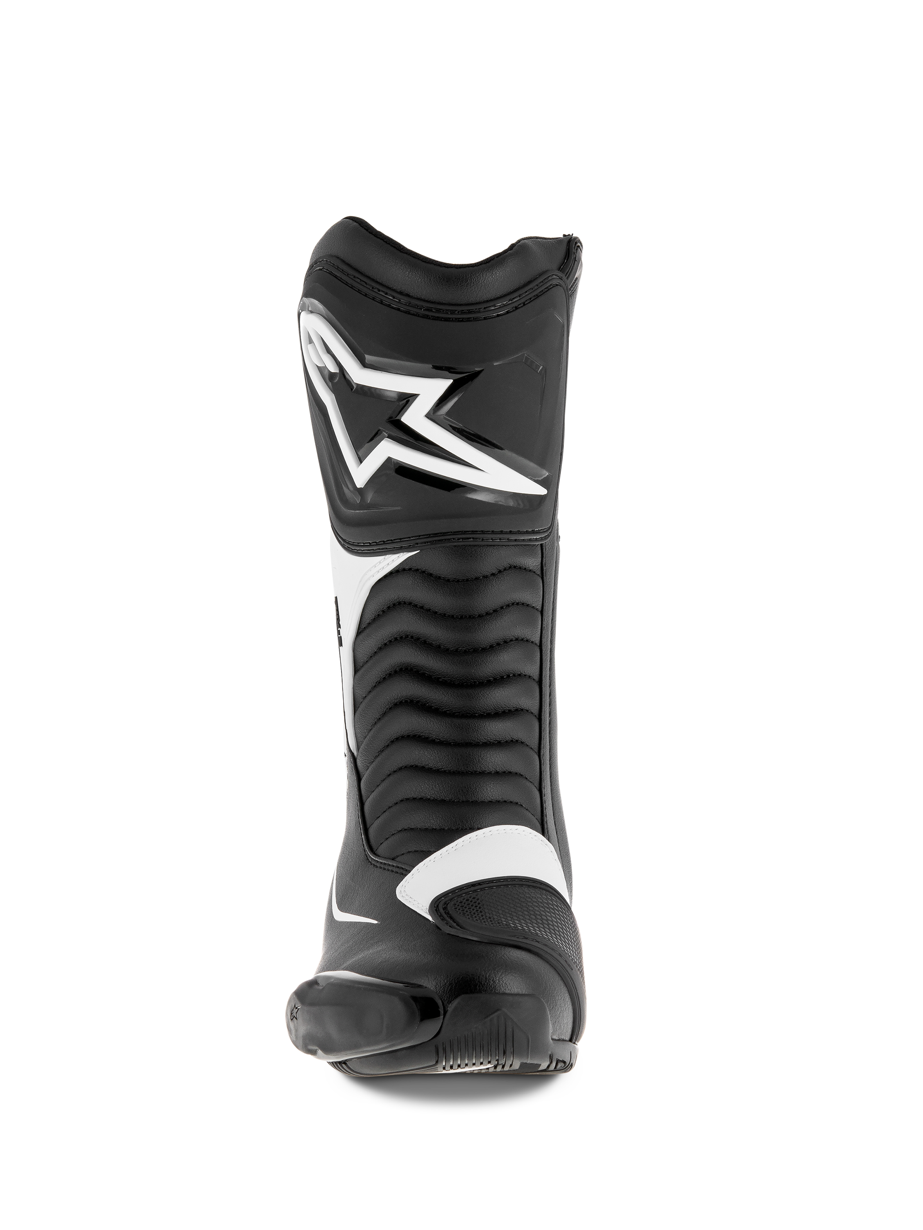 Stivali Alpinestars SMX S, stivali da moto, nero e bianco, vista frontale con un grande logo Alpinestars bianco sullo stinco, pannelli flessibili a fisarmonica e robusta costruzione in microfibra con protezioni in PU