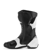 Stivali Alpinestars SMX S, stivali da moto sportivi stradali, nero e bianco, profilo laterale che mostra la tomaia in microfibra resistente con protezioni rinforzate per stinco, caviglia e tallone, pannelli con accenti bianchi e zone flessibili a fisarmonica.
