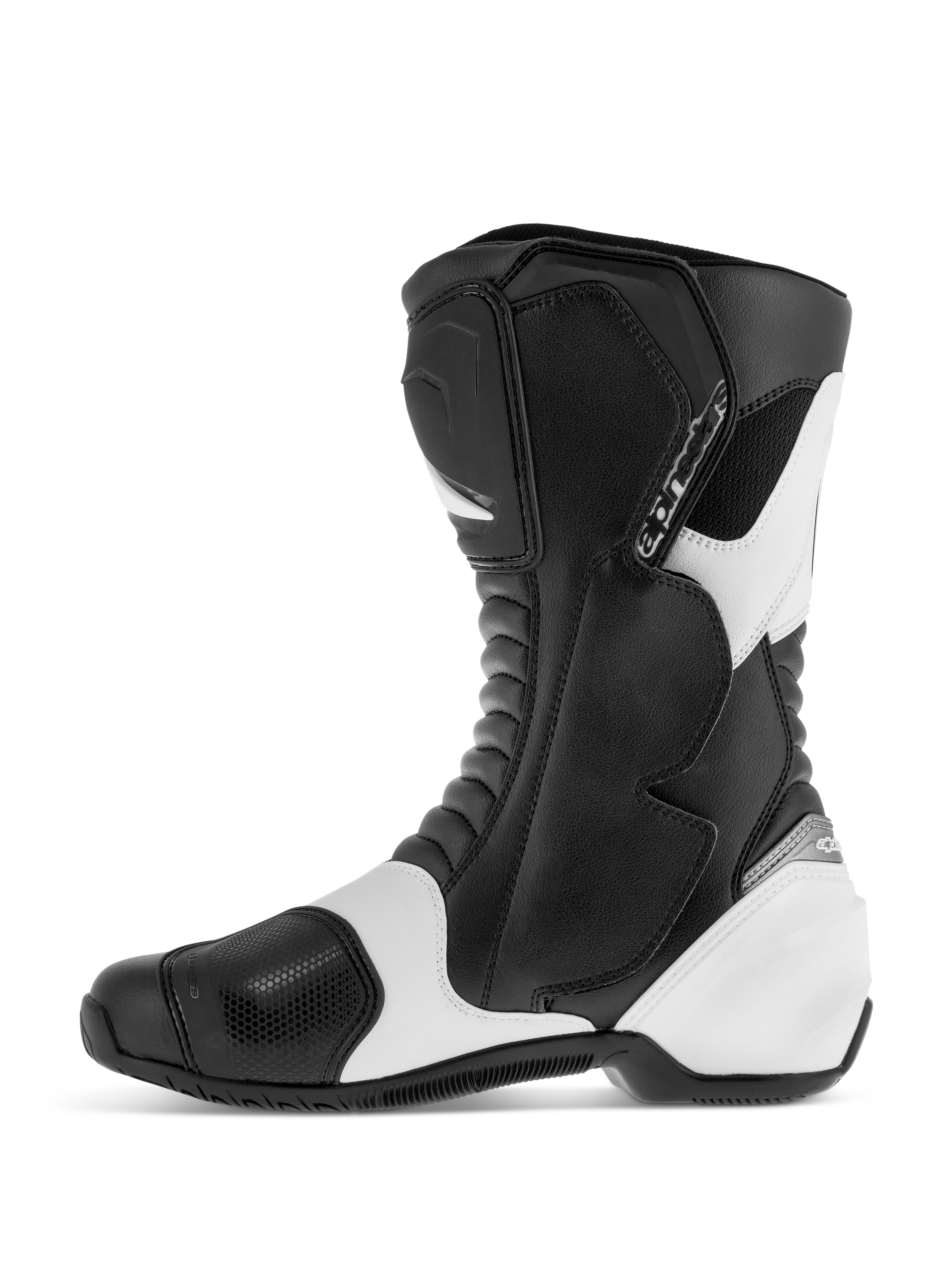 Stivali Alpinestars SMX S, stivali da moto sportivi stradali, nero e bianco, profilo laterale che mostra la tomaia in microfibra resistente con protezioni rinforzate per stinco, caviglia e tallone, pannelli con accenti bianchi e zone flessibili a fisarmonica.