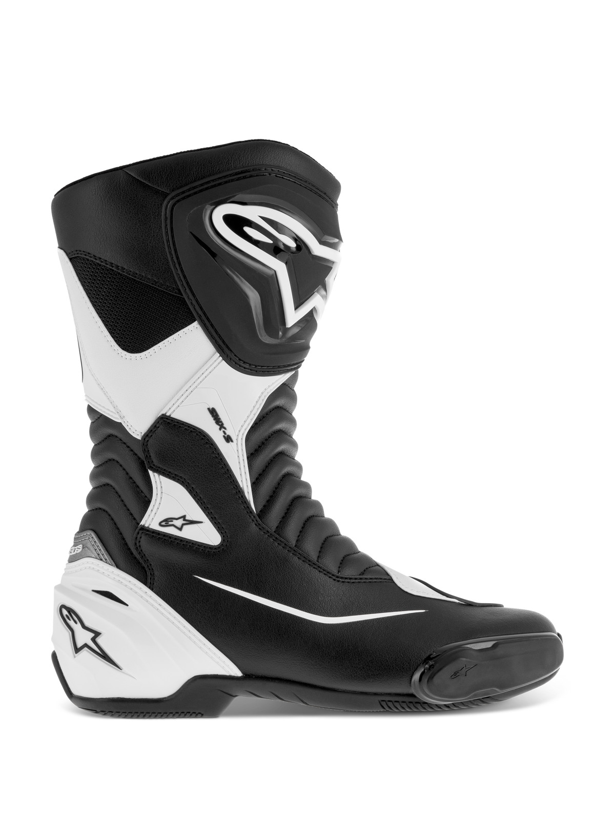 Alpinestars stivali SMX S, stivali da moto racing, nero e bianco, con robusta tomaia in microfibra, protezioni stinco e tallone in PU, zone flessibili a fisarmonica e slider integrato, certificati CE per guida sportiva e stradale