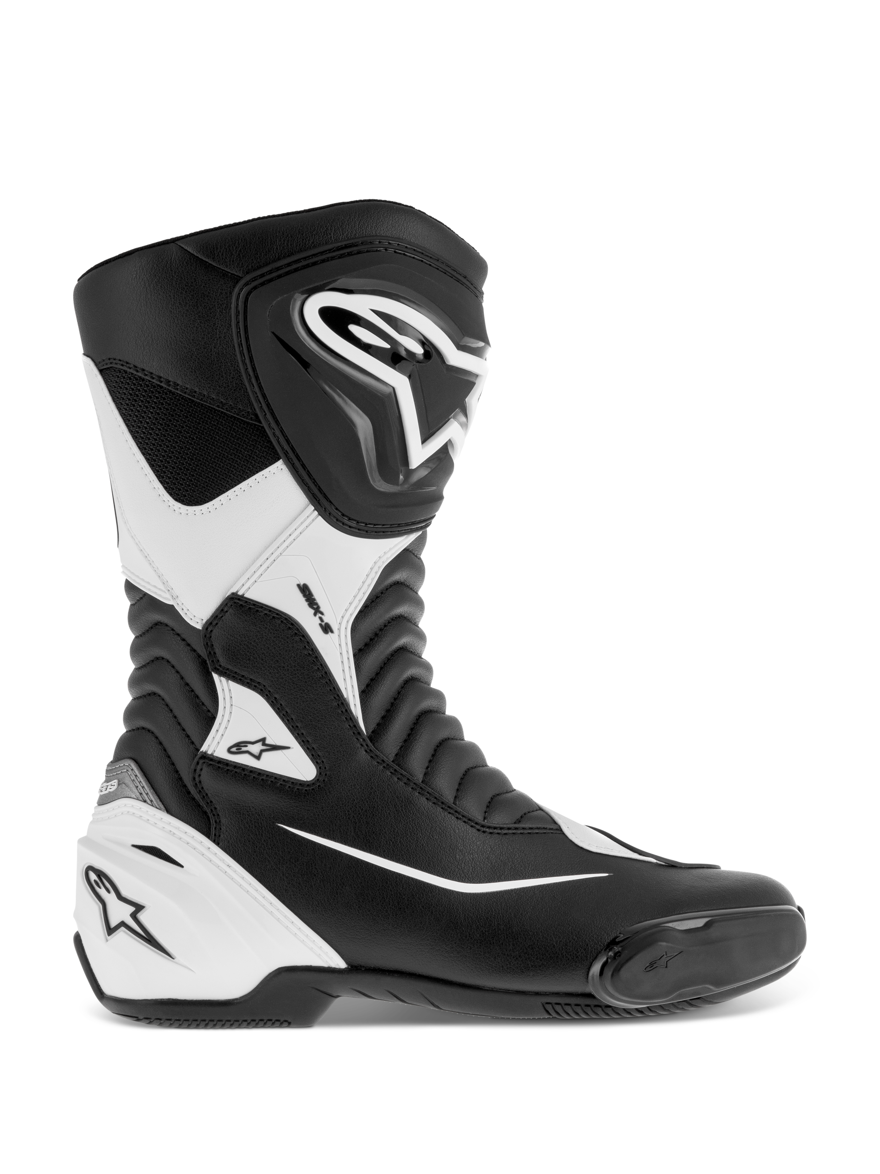 Alpinestars stivali SMX S, stivali da moto racing, nero e bianco, con robusta tomaia in microfibra, protezioni stinco e tallone in PU, zone flessibili a fisarmonica e slider integrato, certificati CE per guida sportiva e stradale