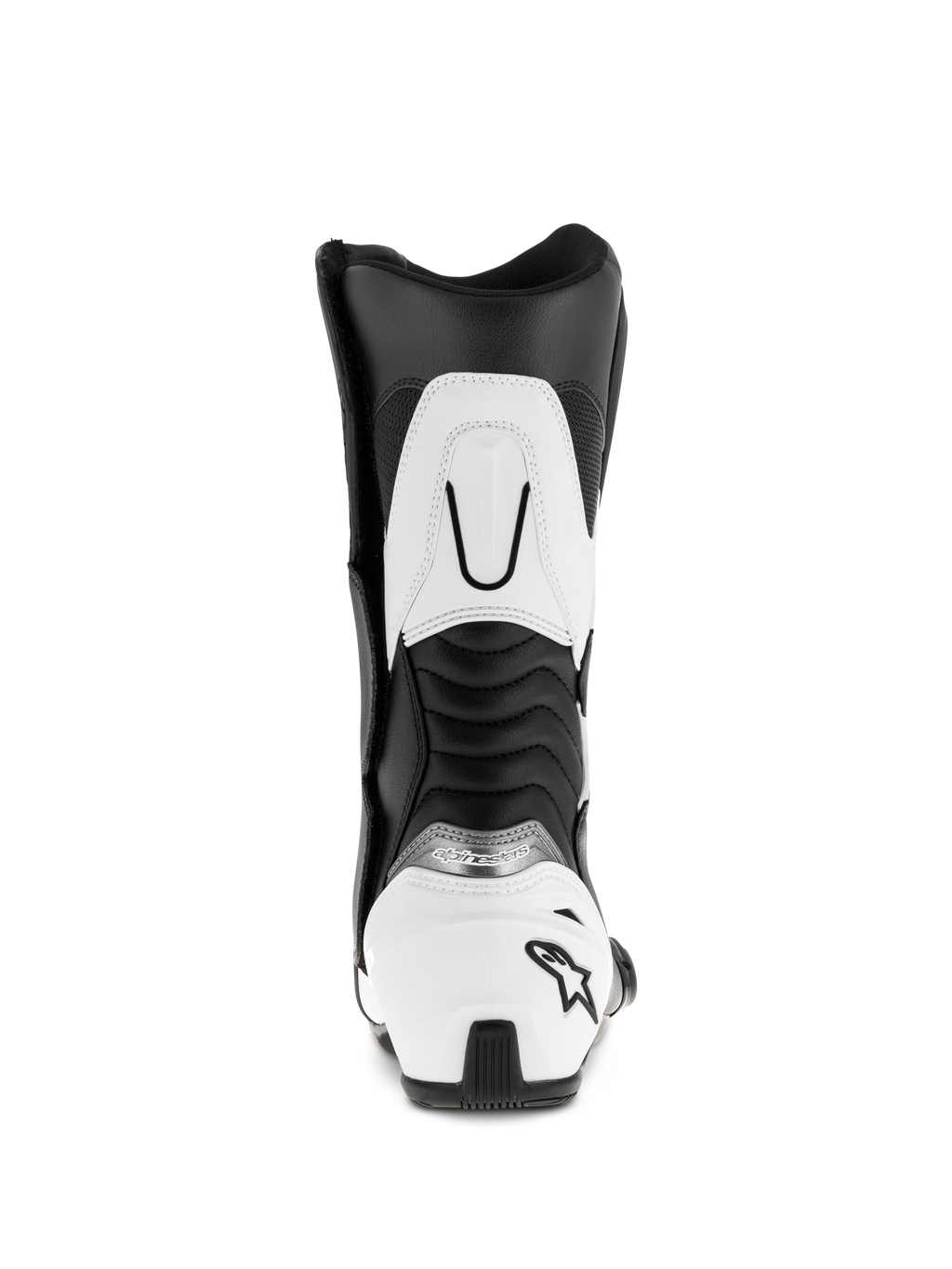 Stivali Alpinestars SMX S, nero e bianco, vista posteriore che mostra il contrafforte del tallone bianco con logo a stella nero, pannelli flessibili a fisarmonica e rinforzo superiore del polpaccio bianco, stivali da moto sportivi in microfibra resistente