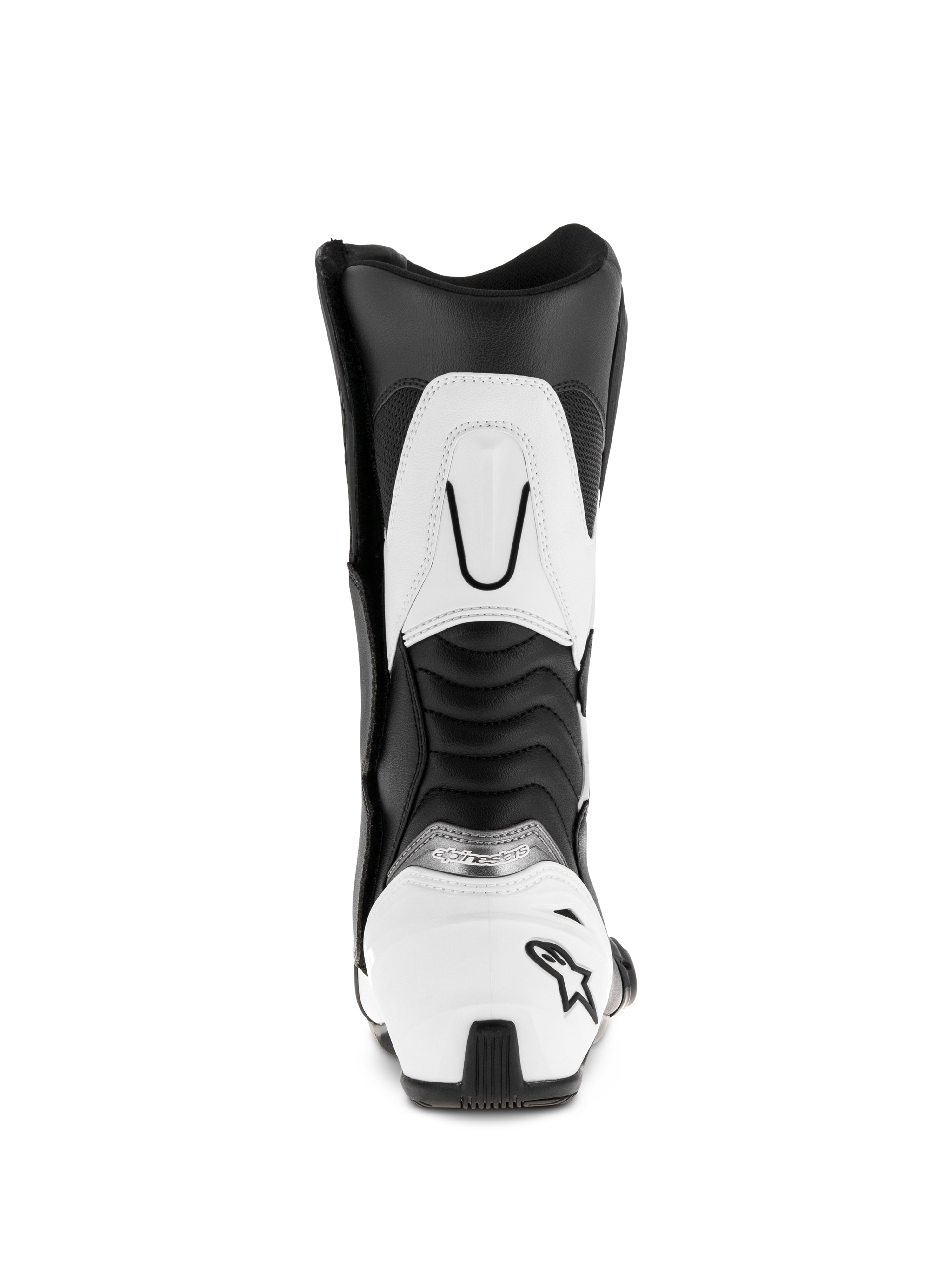 Stivali Alpinestars SMX S, nero e bianco, vista posteriore che mostra il contrafforte del tallone bianco con logo a stella nero, pannelli flessibili a fisarmonica e rinforzo superiore del polpaccio bianco, stivali da moto sportivi in microfibra resistente