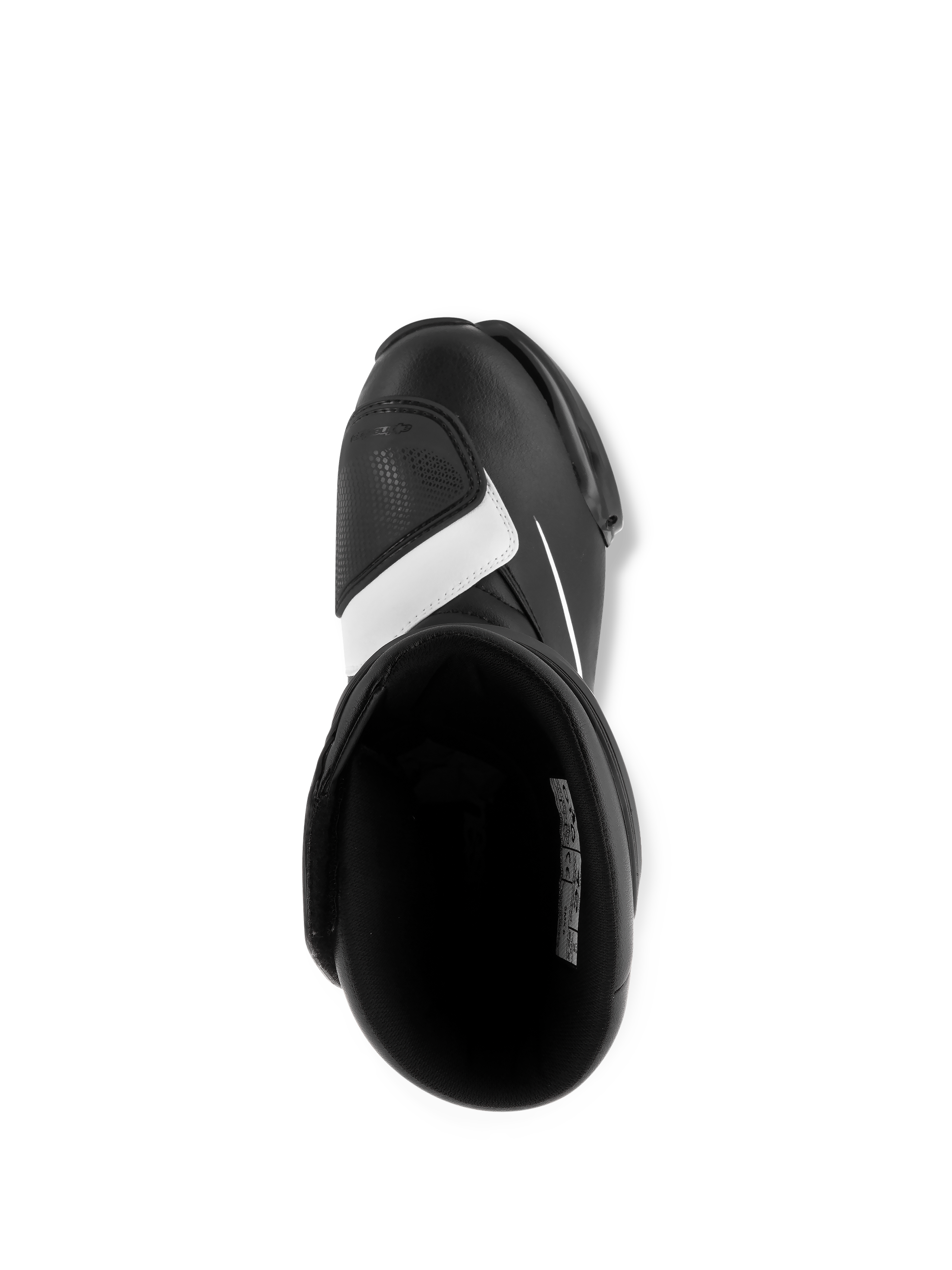 Stivali Alpinestars SMX S, nero e bianco, vista dall'alto che mostra l'interno e la protezione per il cambio sulla punta, robusta costruzione in microfibra, calzature sportive da moto