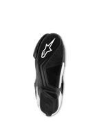Stivali Alpinestars SMX S, nero e bianco, vista dal basso della suola in esclusiva mescola di gomma, con logo Astar bianco e motivo testurizzato per trazione e supporto.