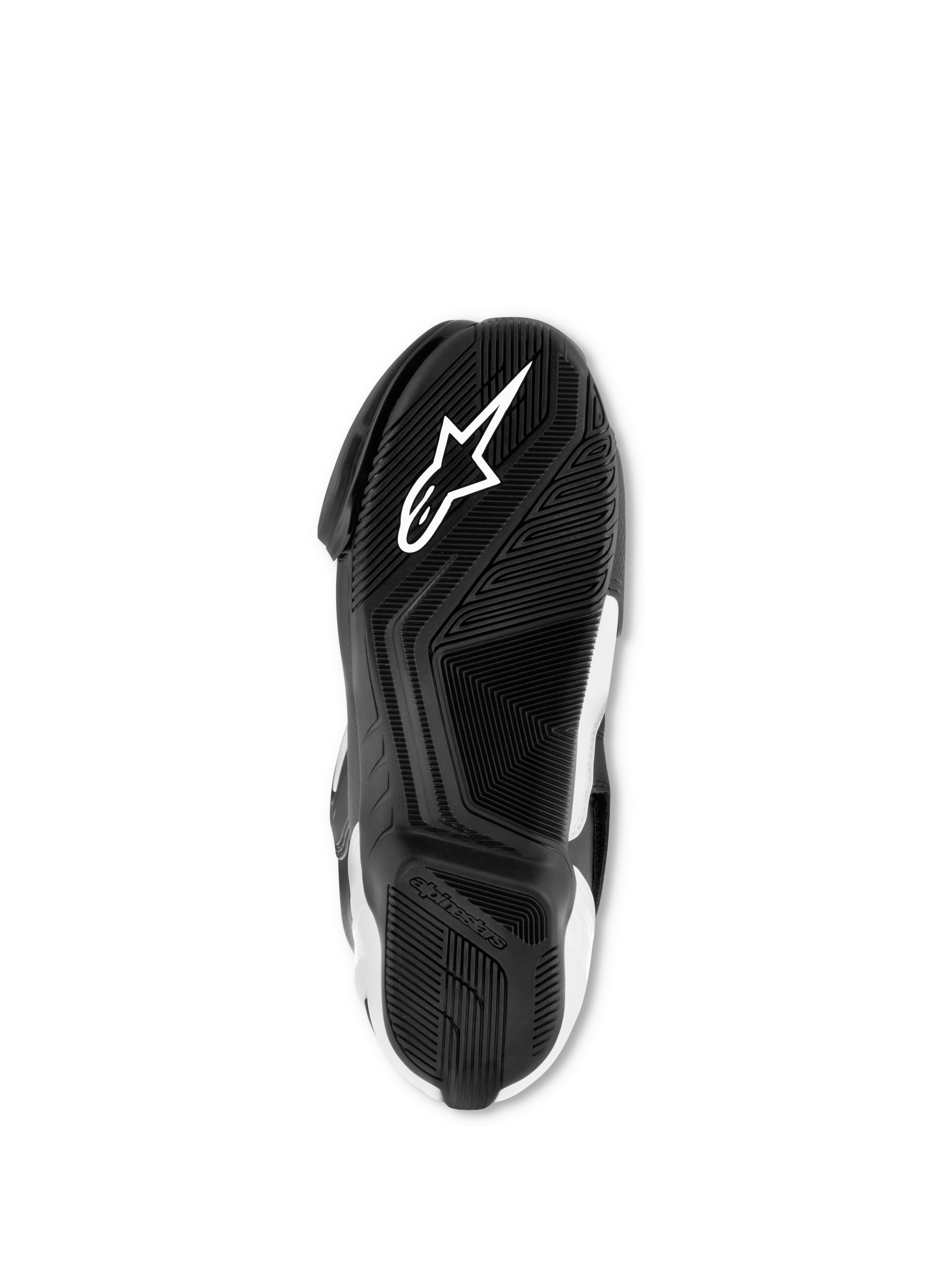Stivali Alpinestars SMX S, nero e bianco, vista dal basso della suola in esclusiva mescola di gomma, con logo Astar bianco e motivo testurizzato per trazione e supporto.