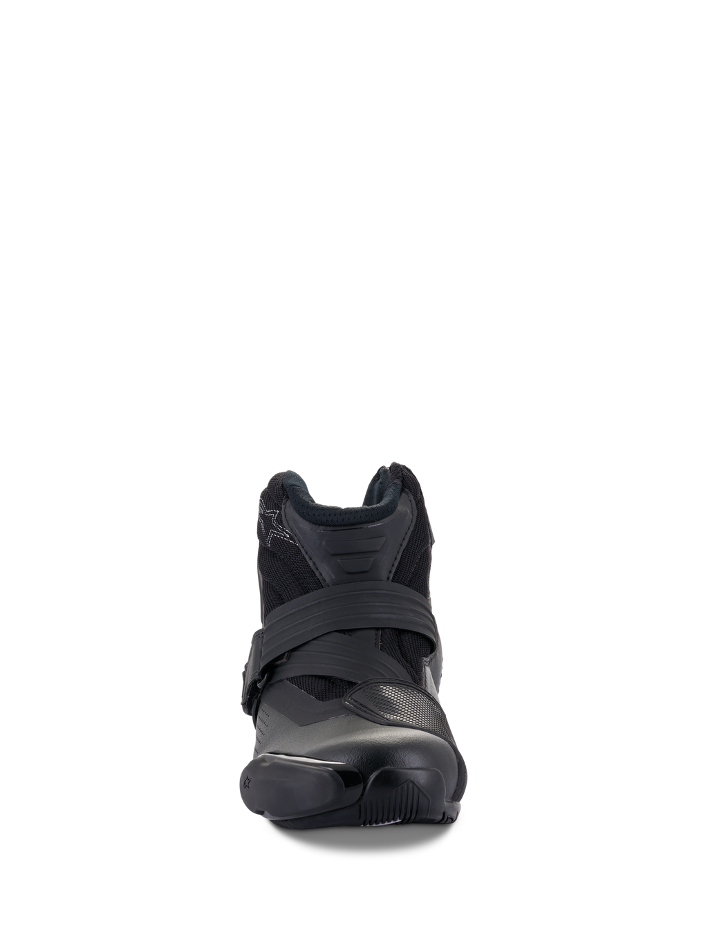 Stivali Alpinestars SMX-1 R V2 Vented, nero, scarpa da moto performante a taglio basso, vista frontale con chiusura a cinturino e protezione della punta in TPU, tomaia in microfibra ventilata