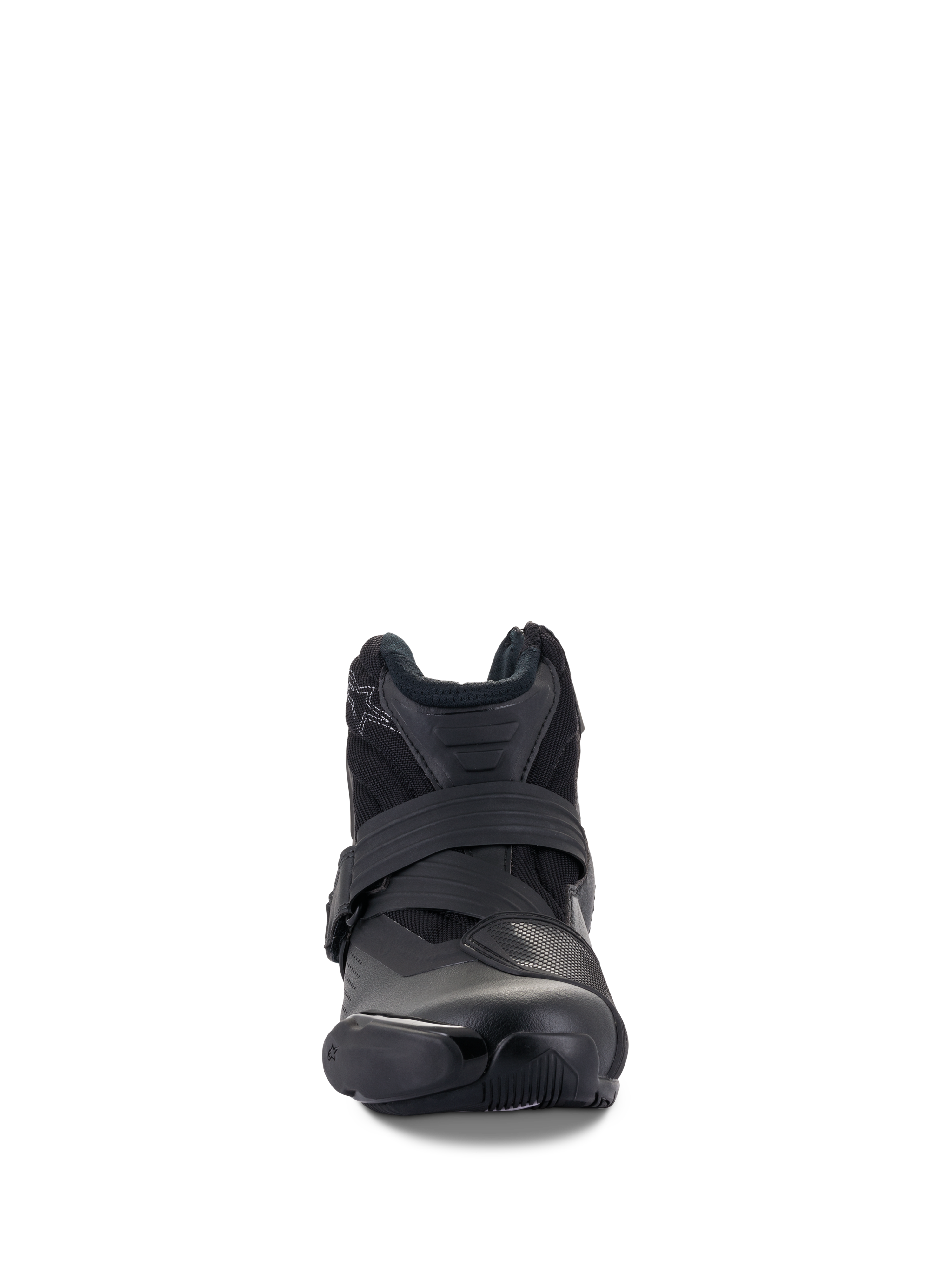 Stivali Alpinestars SMX-1 R V2 Vented, nero, scarpa da moto performante a taglio basso, vista frontale con chiusura a cinturino e protezione della punta in TPU, tomaia in microfibra ventilata