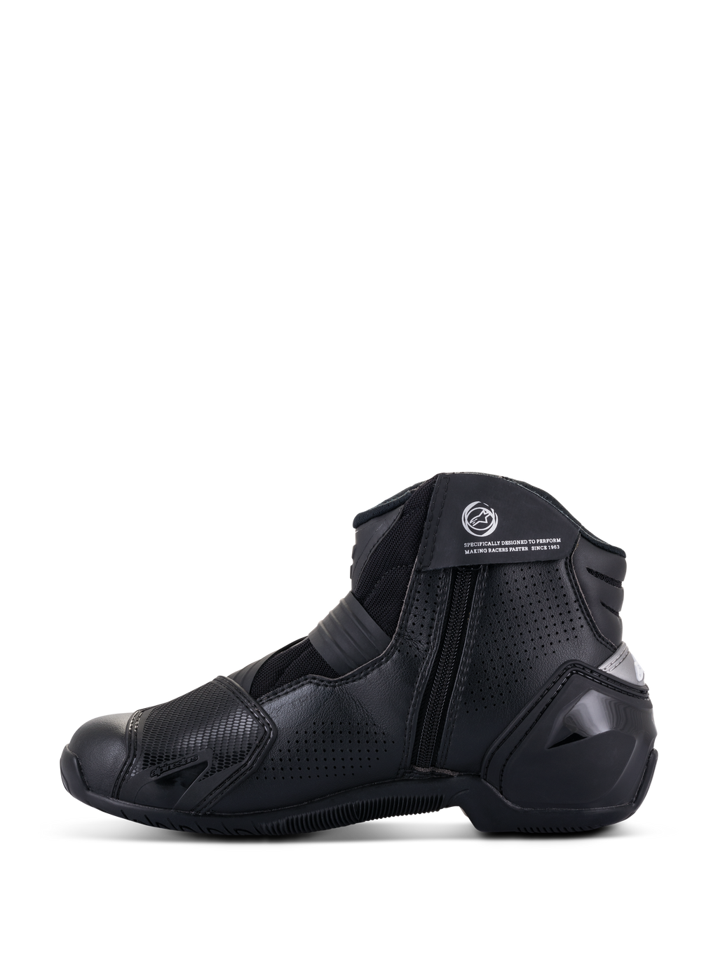 Alpinestars SMX-1 R V2 Vented Boots, stivali da moto a taglio basso, nero, vista laterale del profilo che mostra la tomaia in microfibra traforata, protezioni in TPU e chiusura laterale con zip.