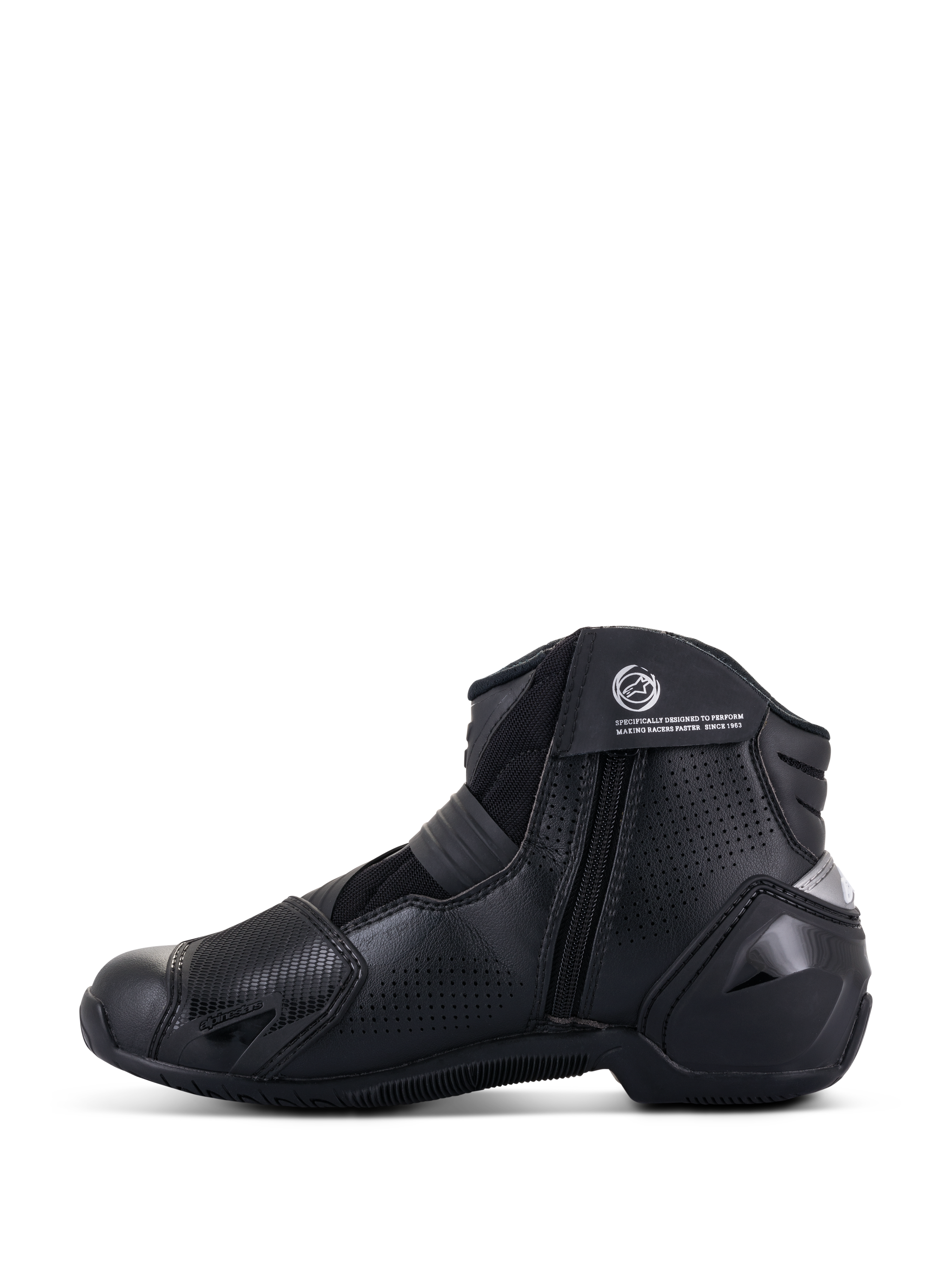 Alpinestars SMX-1 R V2 Vented Boots, stivali da moto a taglio basso, nero, vista laterale del profilo che mostra la tomaia in microfibra traforata, protezioni in TPU e chiusura laterale con zip.