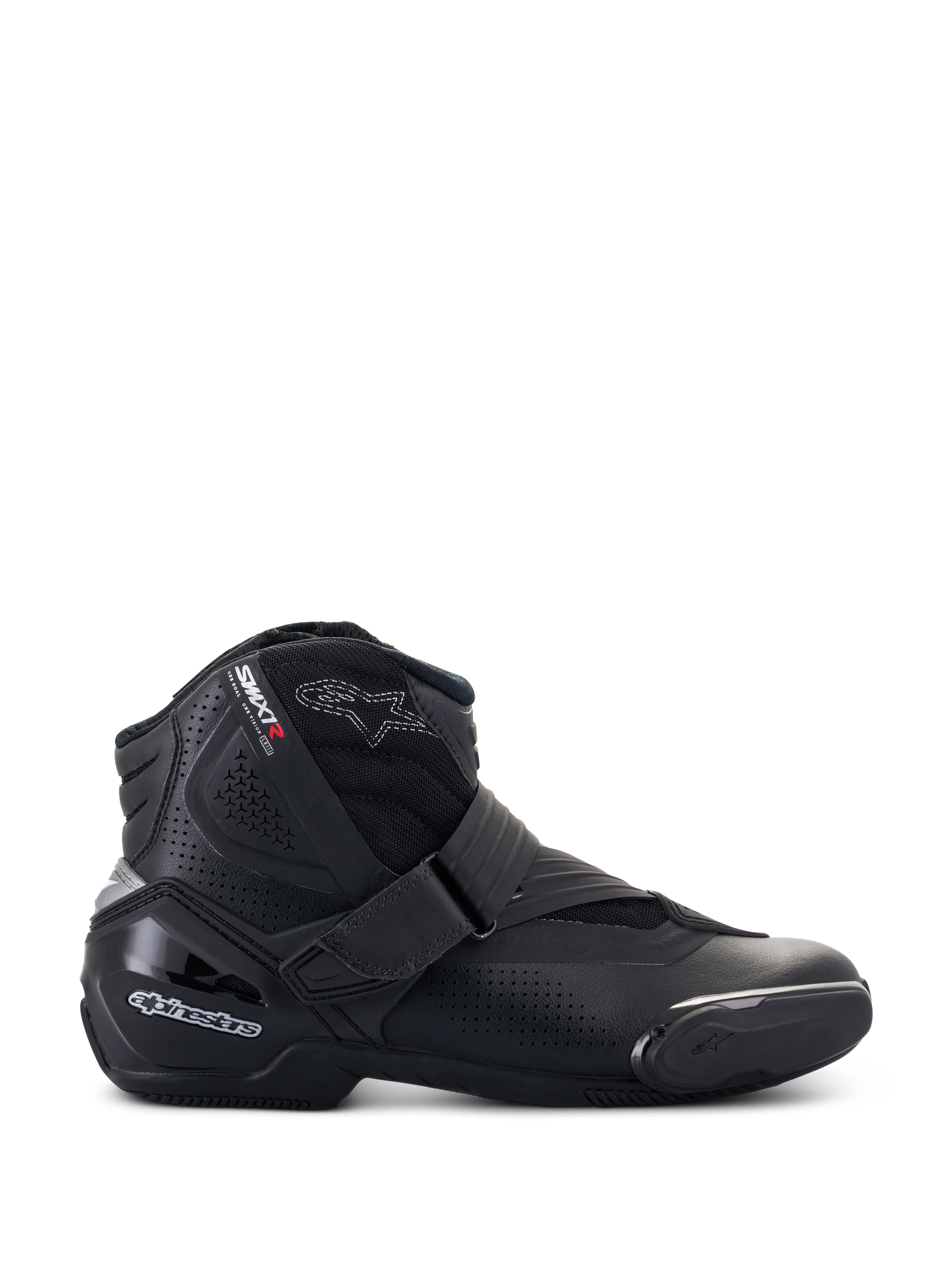 Alpinestars SMX-1 R V2 Vented Boots, scarpe da moto basse nere, profilo laterale con pannelli in microfibra traforata, protezione del tallone in TPU e saponetta sulla punta, chiusura con cinturino in velcro, calzature sportive per guida su strada