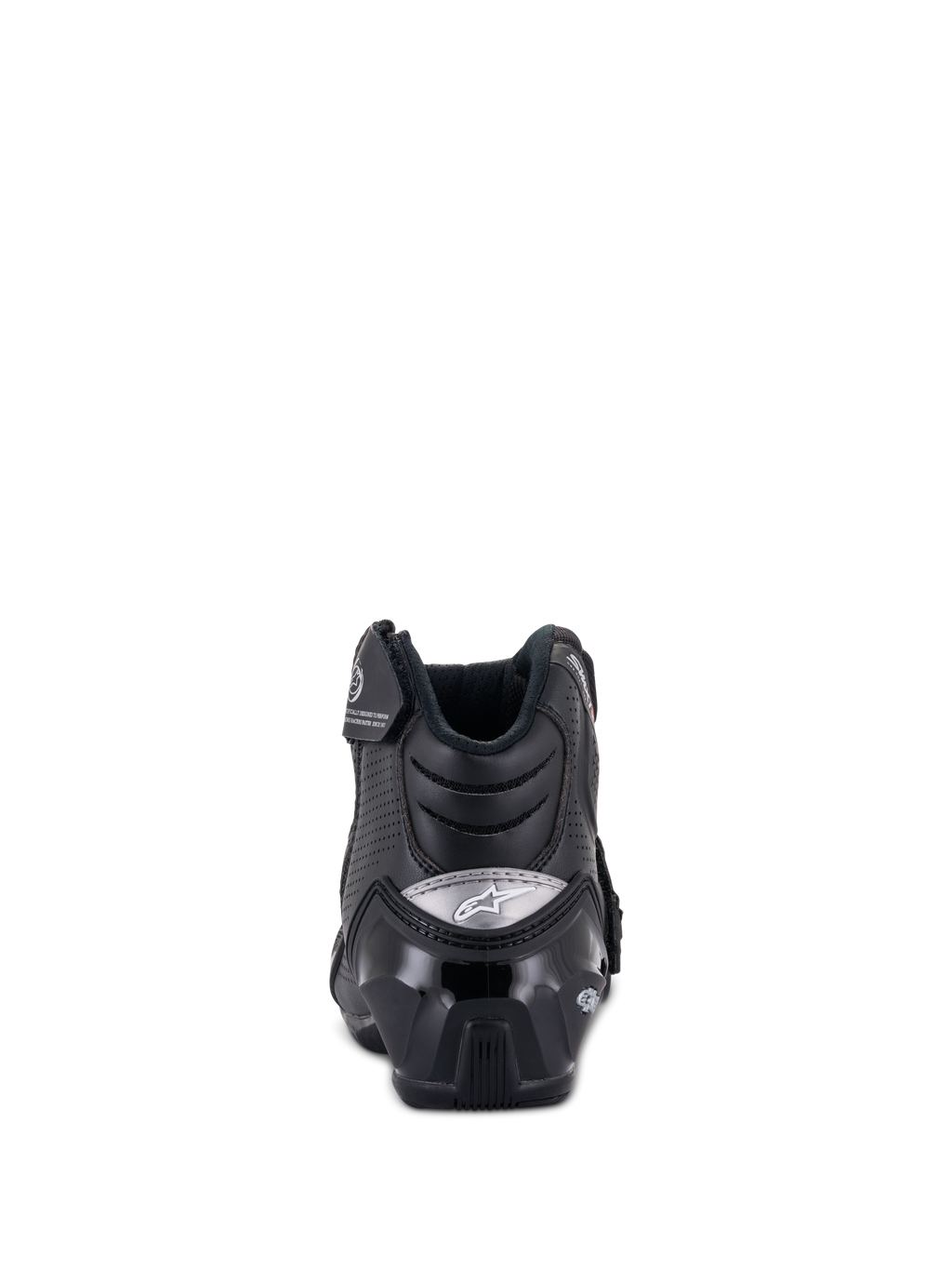 Alpinestars SMX-1 R V2 Vented Boots, scarpa da moto a taglio basso, nero, vista posteriore con protezione del tallone in TPU lucido e logo argento, microfibra traforata per la ventilazione e design ergonomico per la guida sportiva