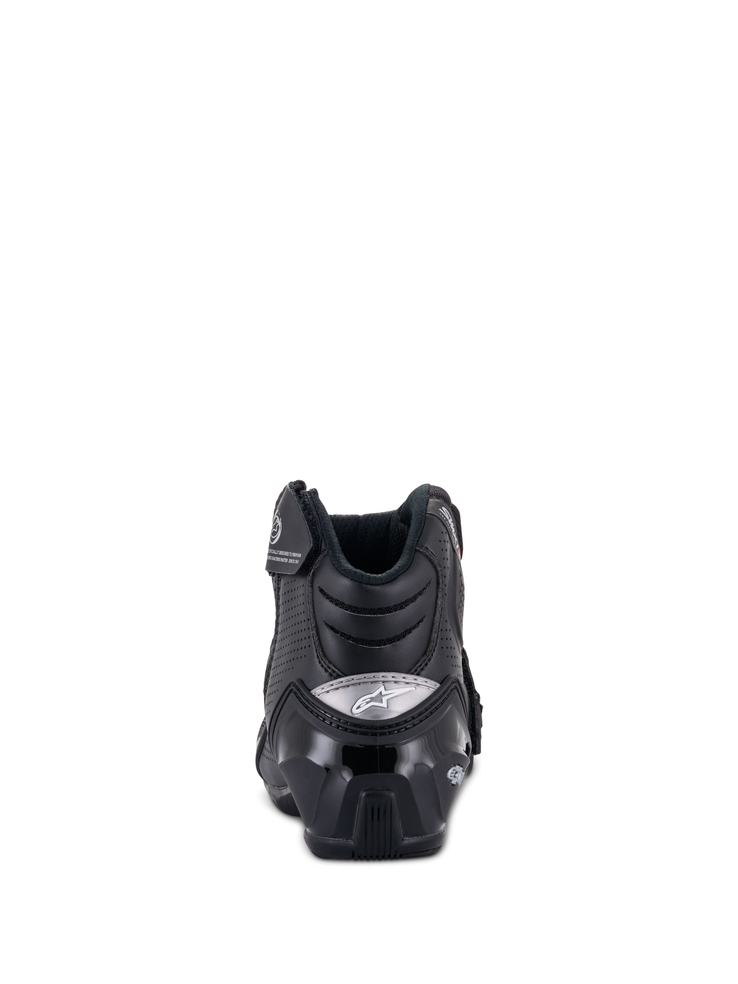 Alpinestars SMX-1 R V2 Vented Boots, scarpa da moto a taglio basso, nero, vista posteriore con protezione del tallone in TPU lucido e logo argento, microfibra traforata per la ventilazione e design ergonomico per la guida sportiva