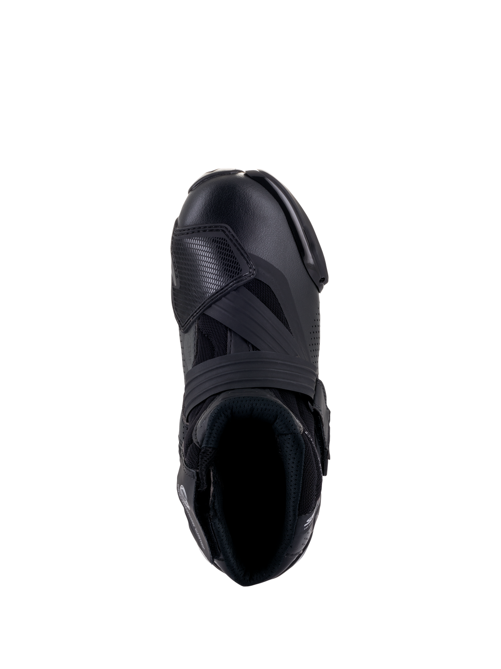 Stivali Alpinestars SMX-1 R V2 Vented, nero, vista dall'alto che mostra la tomaia in microfibra ventilata, la protezione cambio in TPU e il colletto ergonomico per la guida sportiva.